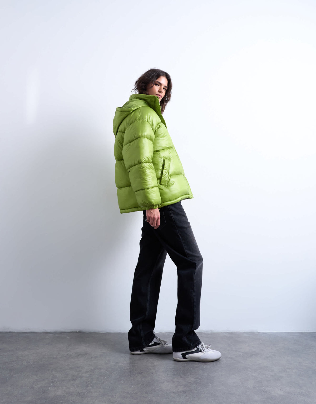 Topshop High shine ripstop funnel neck puffer jacket in bright green