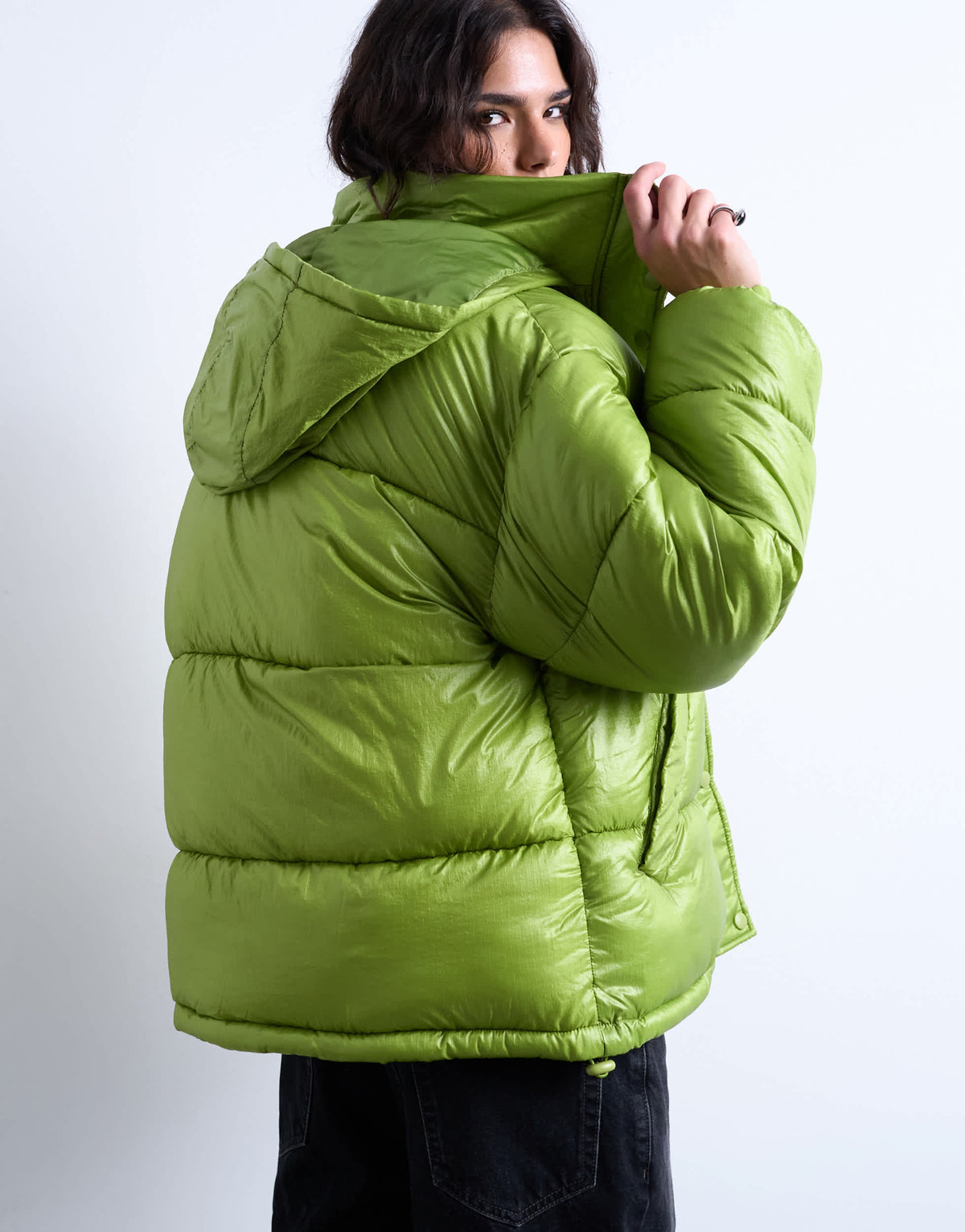 Topshop High shine ripstop funnel neck puffer jacket in bright green