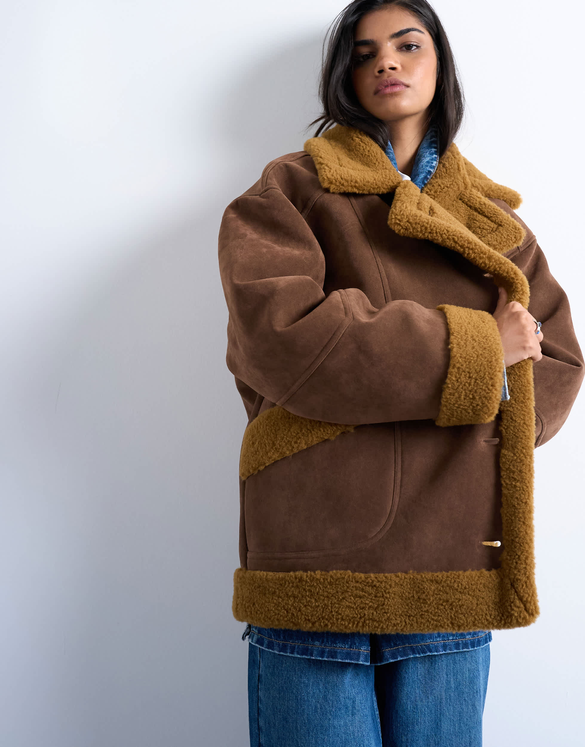 Topshop faux shearling oversized car coat in brown