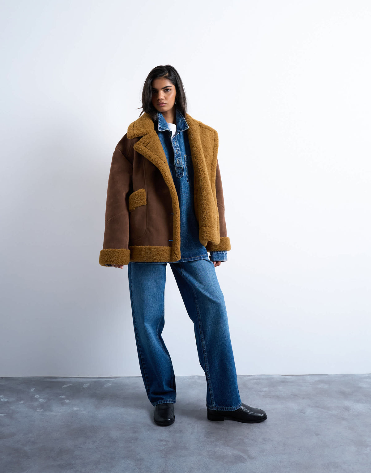 Topshop faux shearling oversized car coat in brown