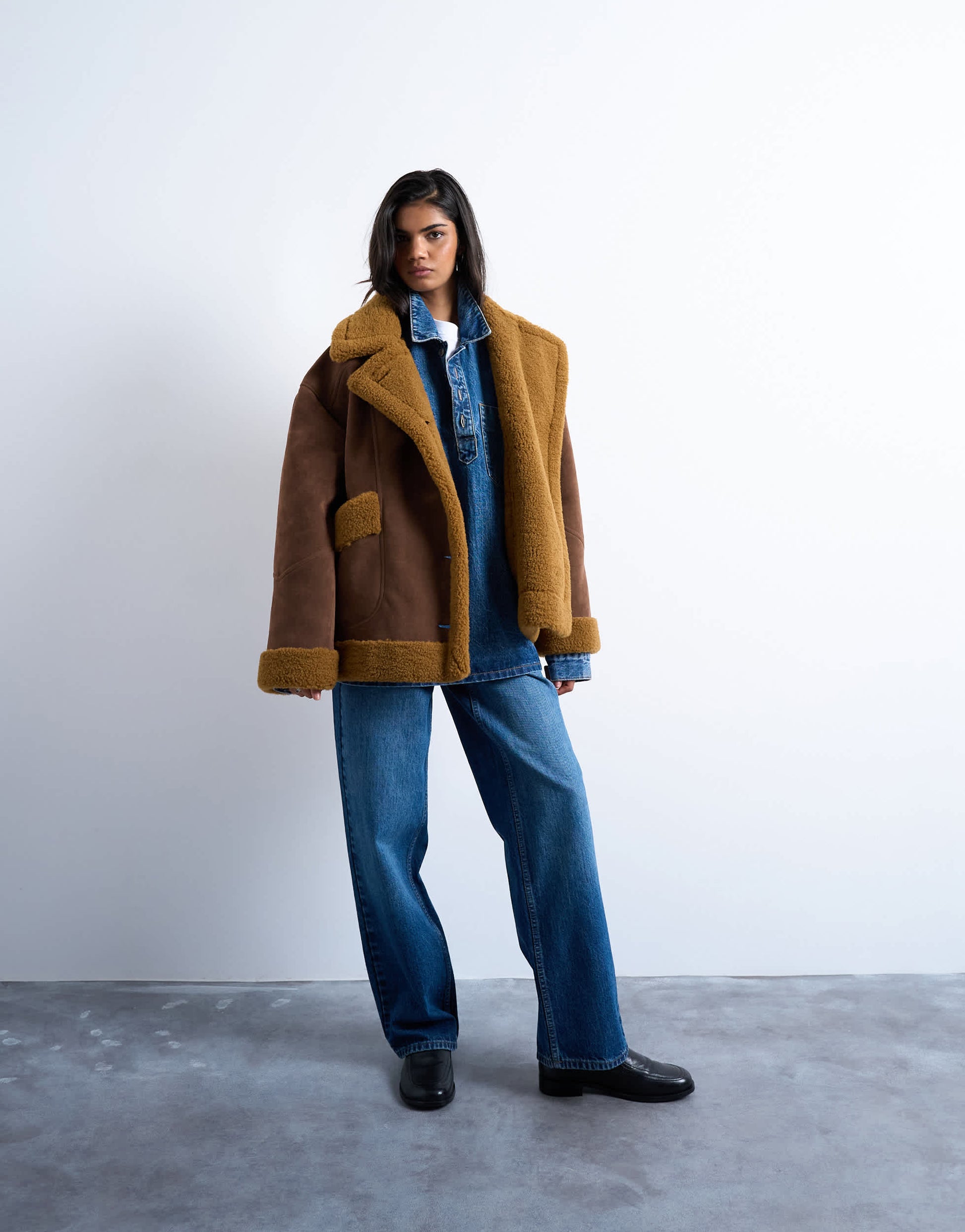 Topshop faux shearling oversized car coat in brown