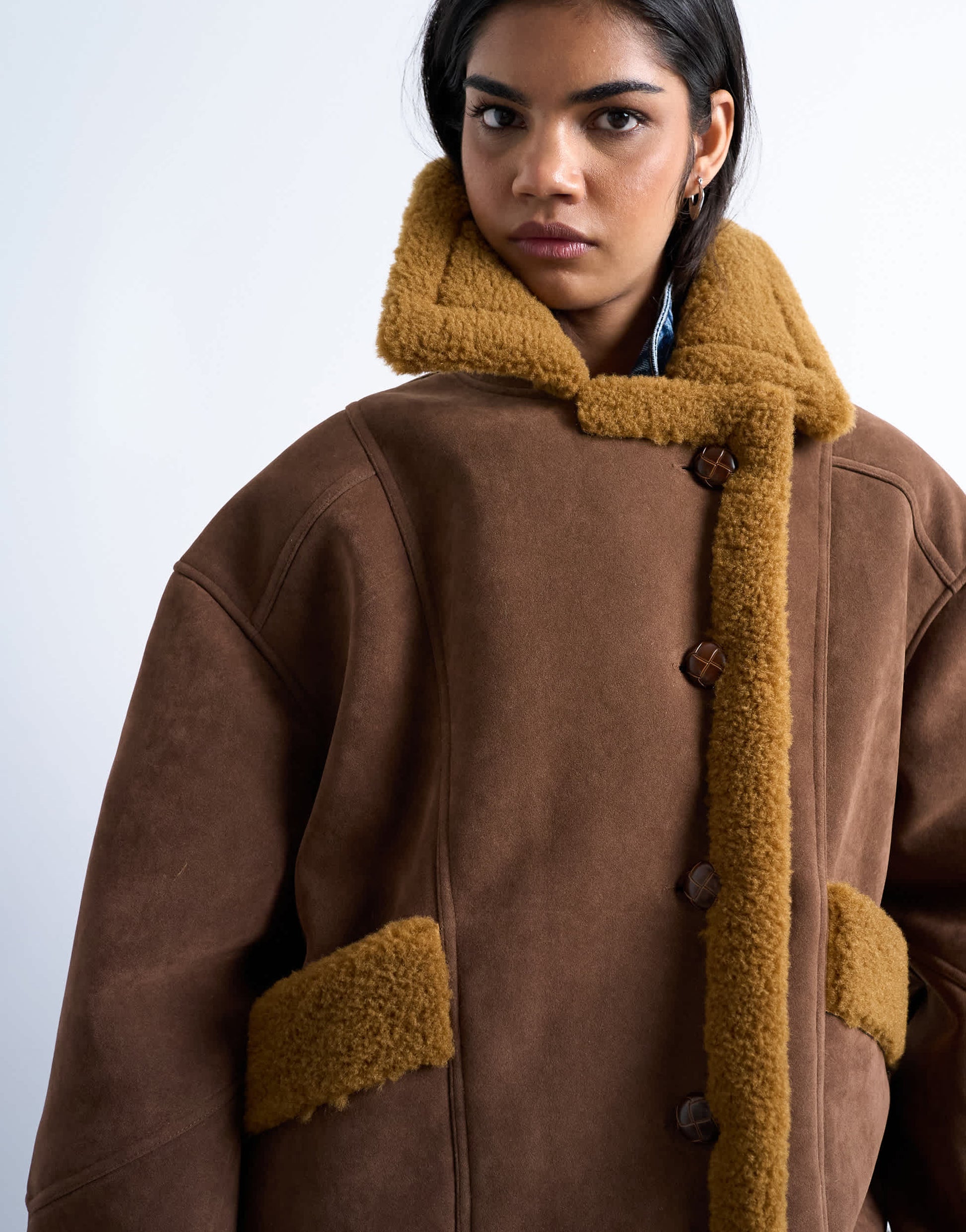 Topshop faux shearling oversized car coat in brown