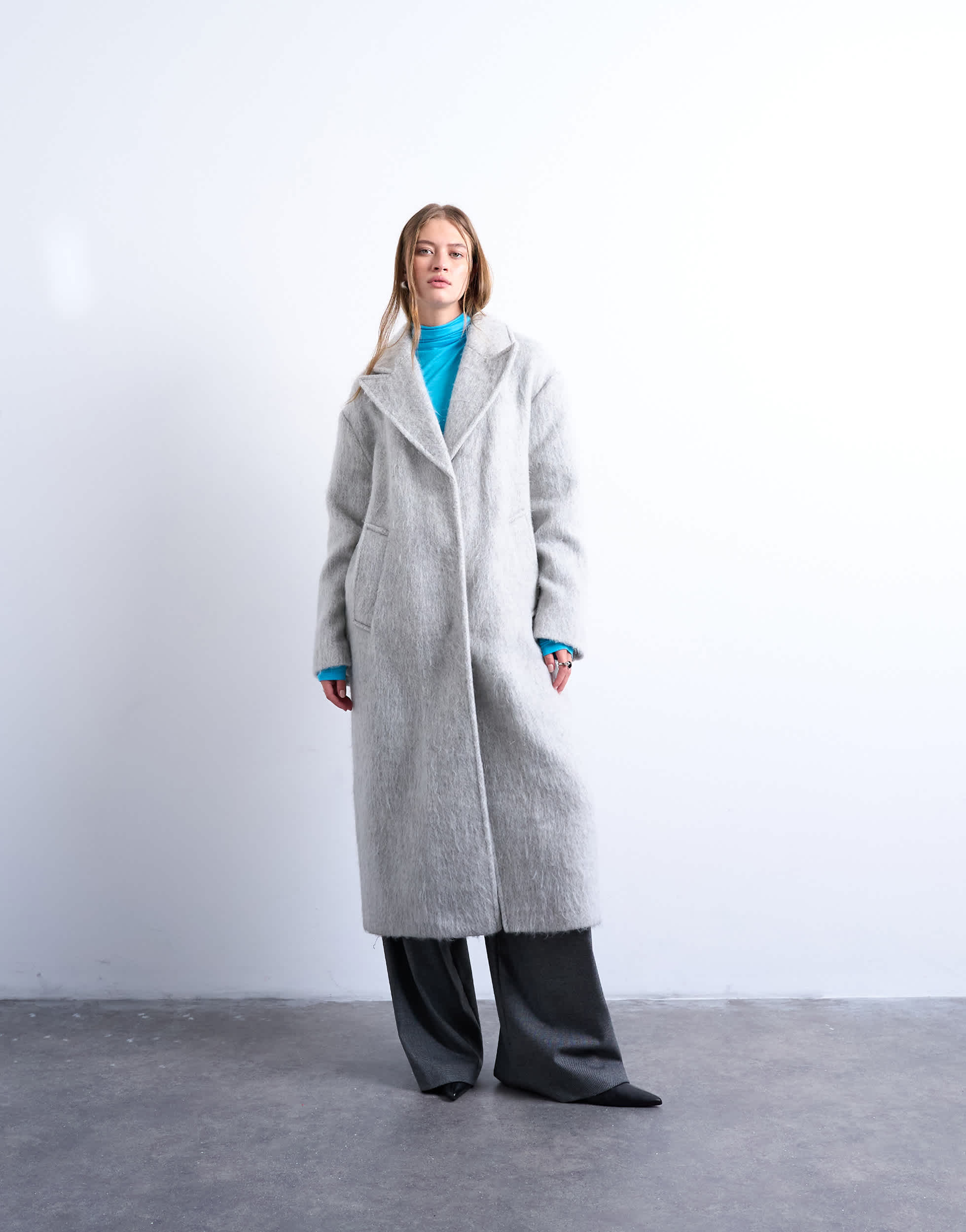 Topshop brushed unlined dropped shoulder clean chuck on coat with wool in grey marl