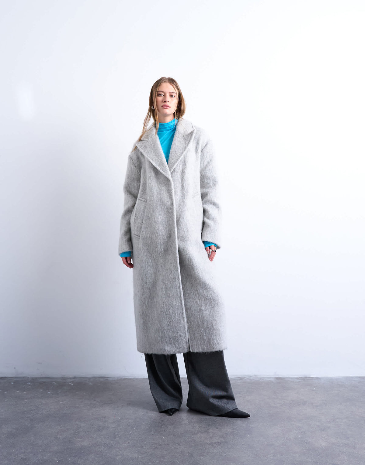 Topshop brushed unlined dropped shoulder clean chuck on coat with wool in grey marl