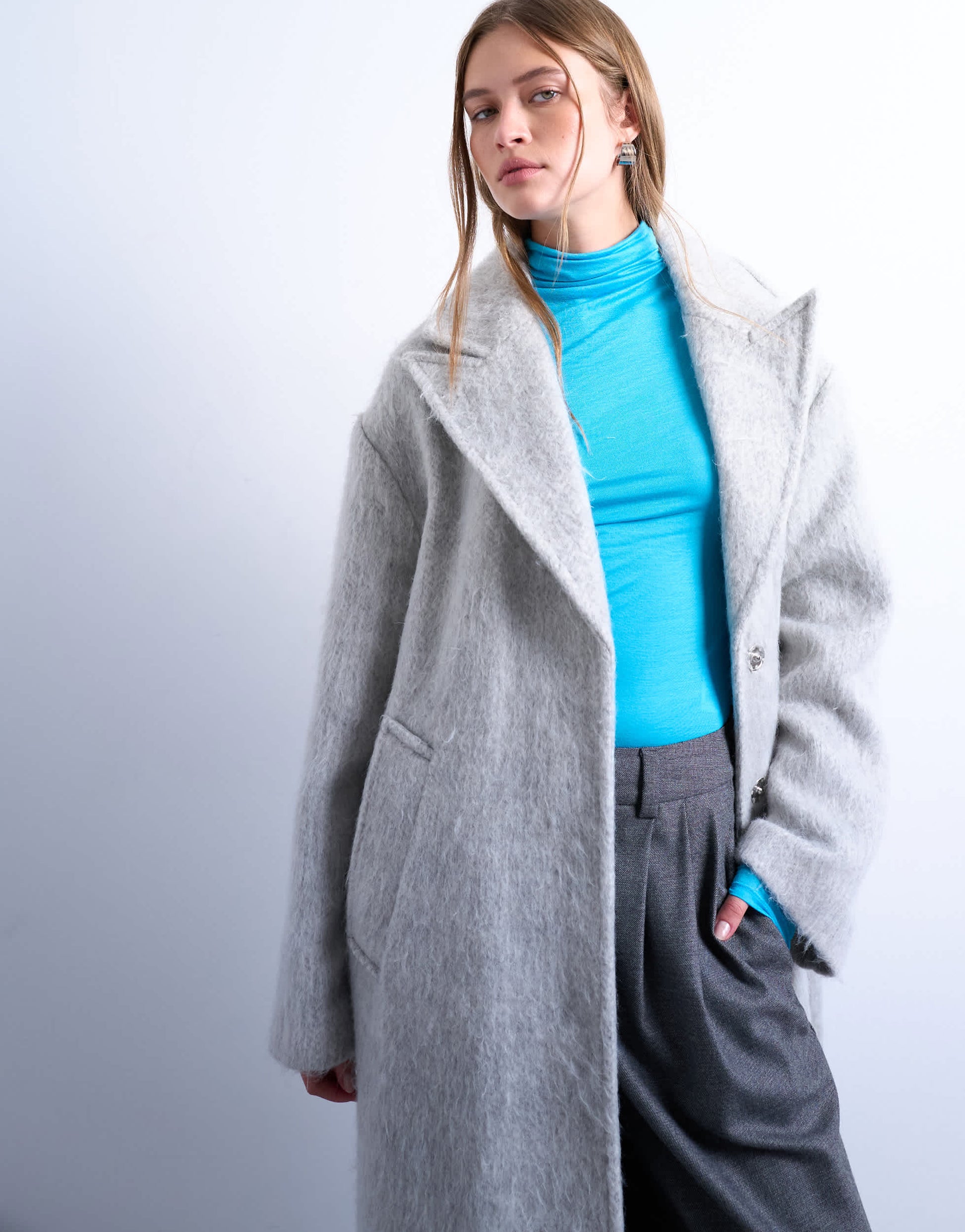 Topshop brushed unlined dropped shoulder clean chuck on coat with wool in grey marl
