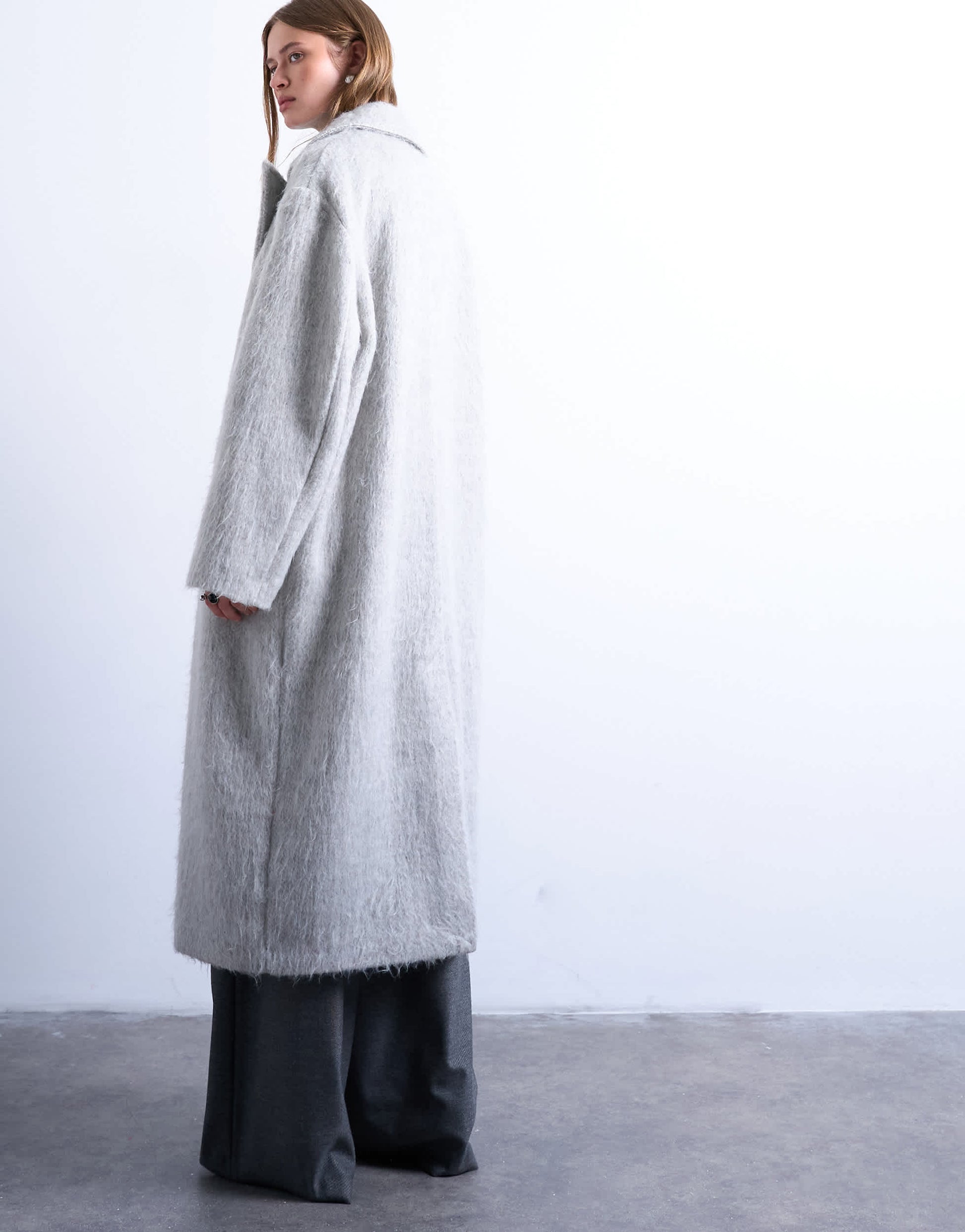 Topshop brushed unlined dropped shoulder clean chuck on coat with wool in grey marl