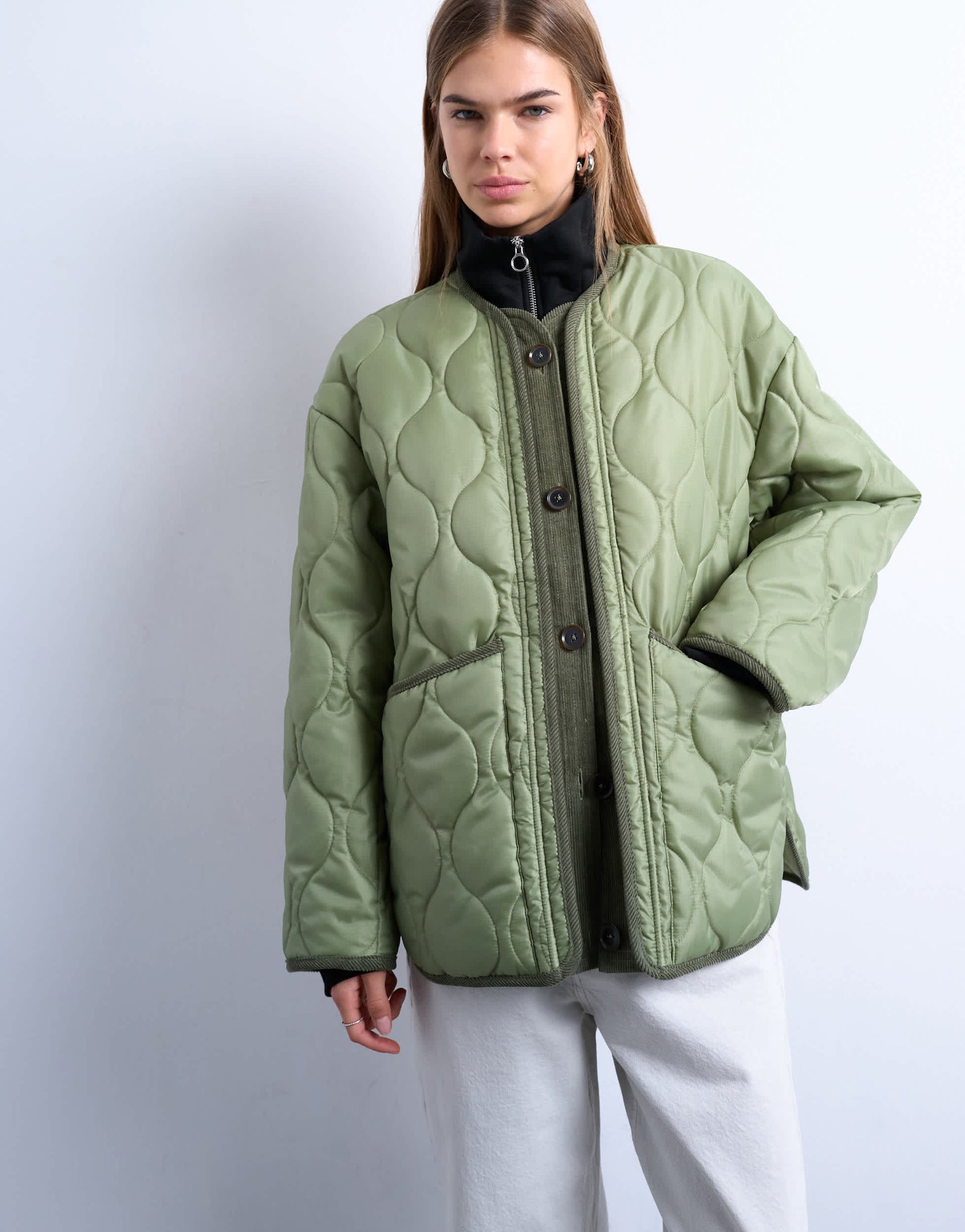 Topshop oversized placket two tone liner jacket in dark khaki 