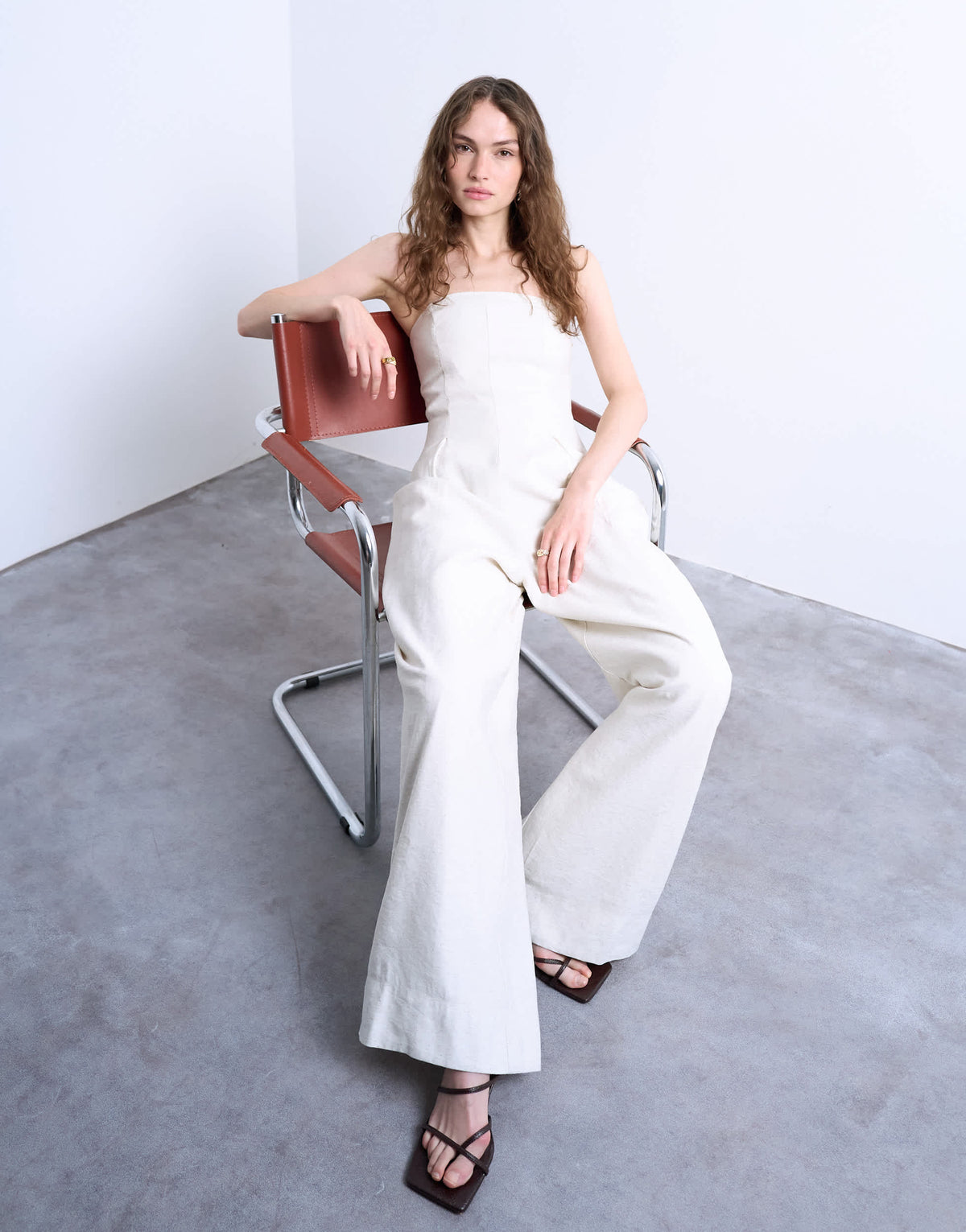 Topshop seamed wide leg linen jumpsuit in natural