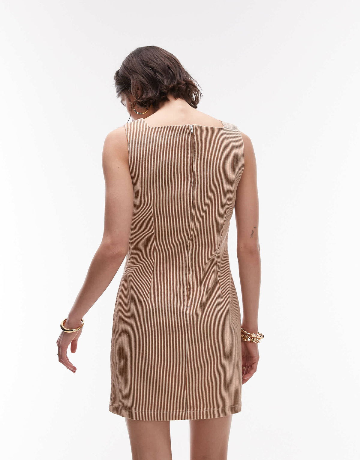 Topshop denim square neck tailored dress in tan stripe