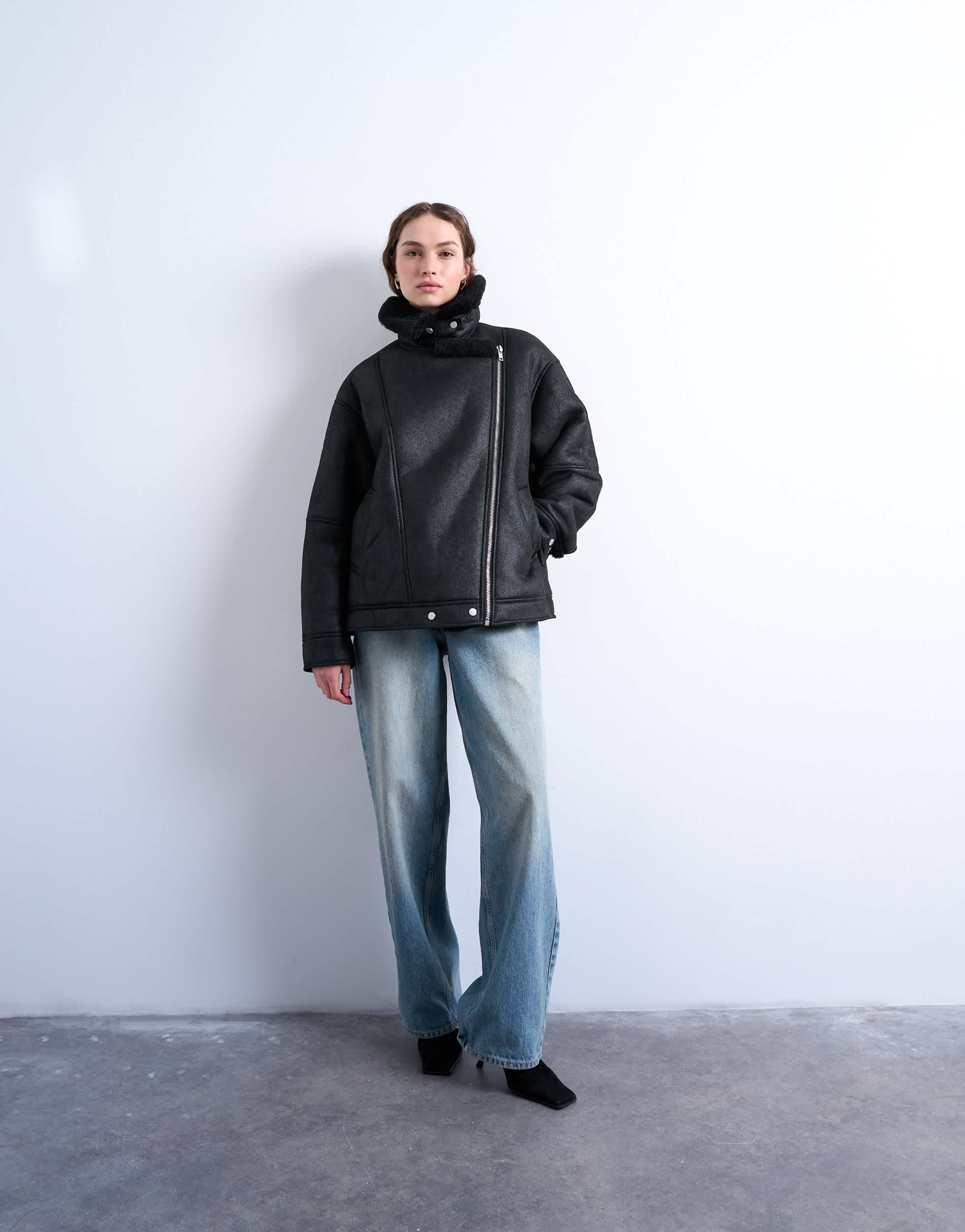 Topshop oversized funnel shearling aviator in black