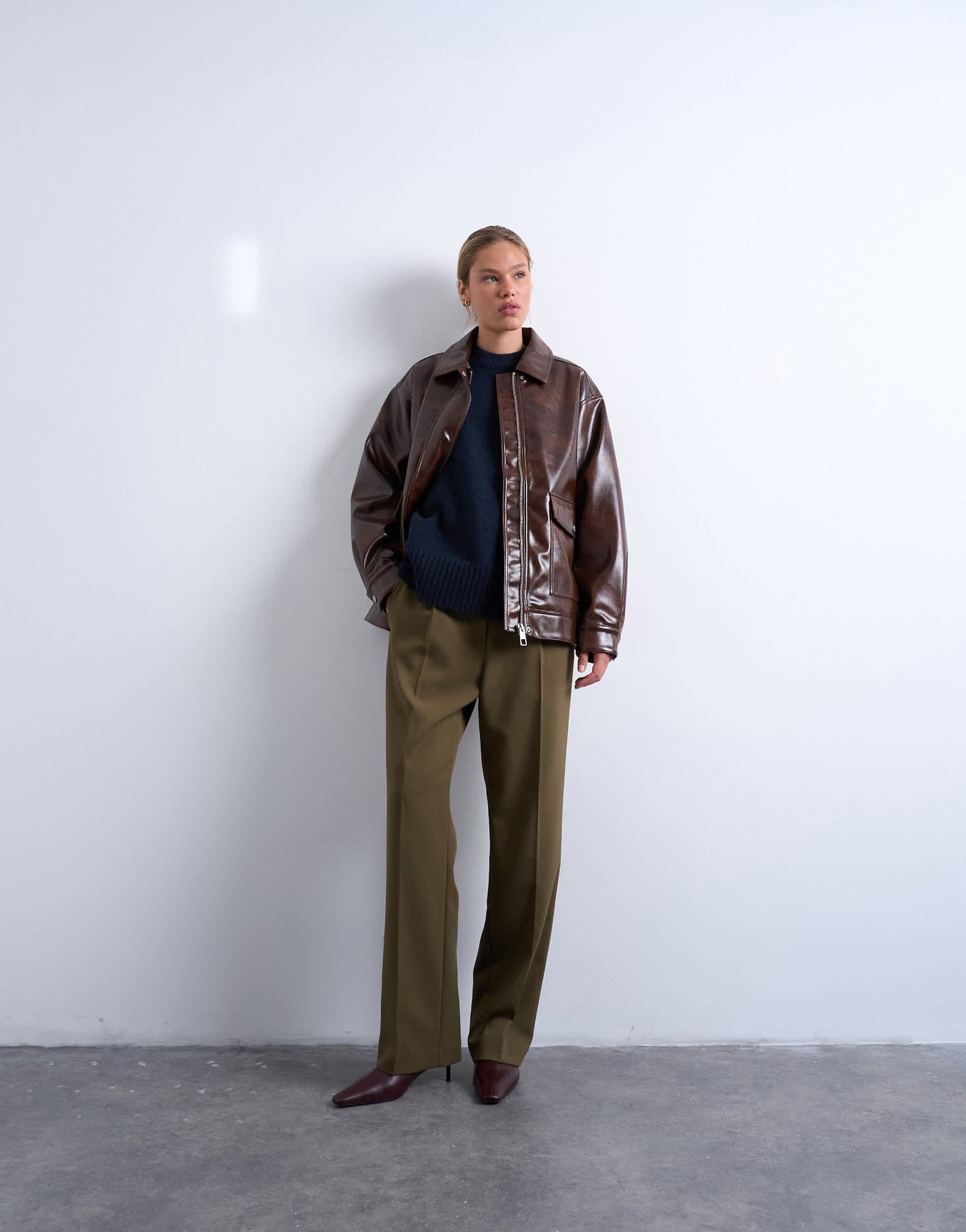 Topshop faux leather shiny mottled patch pocket shacket in brown