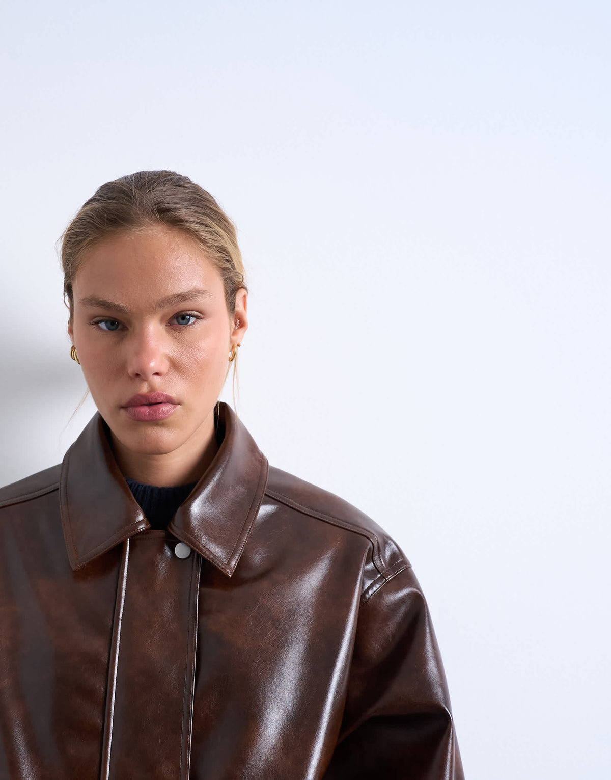 Topshop faux leather shiny mottled patch pocket shacket in brown