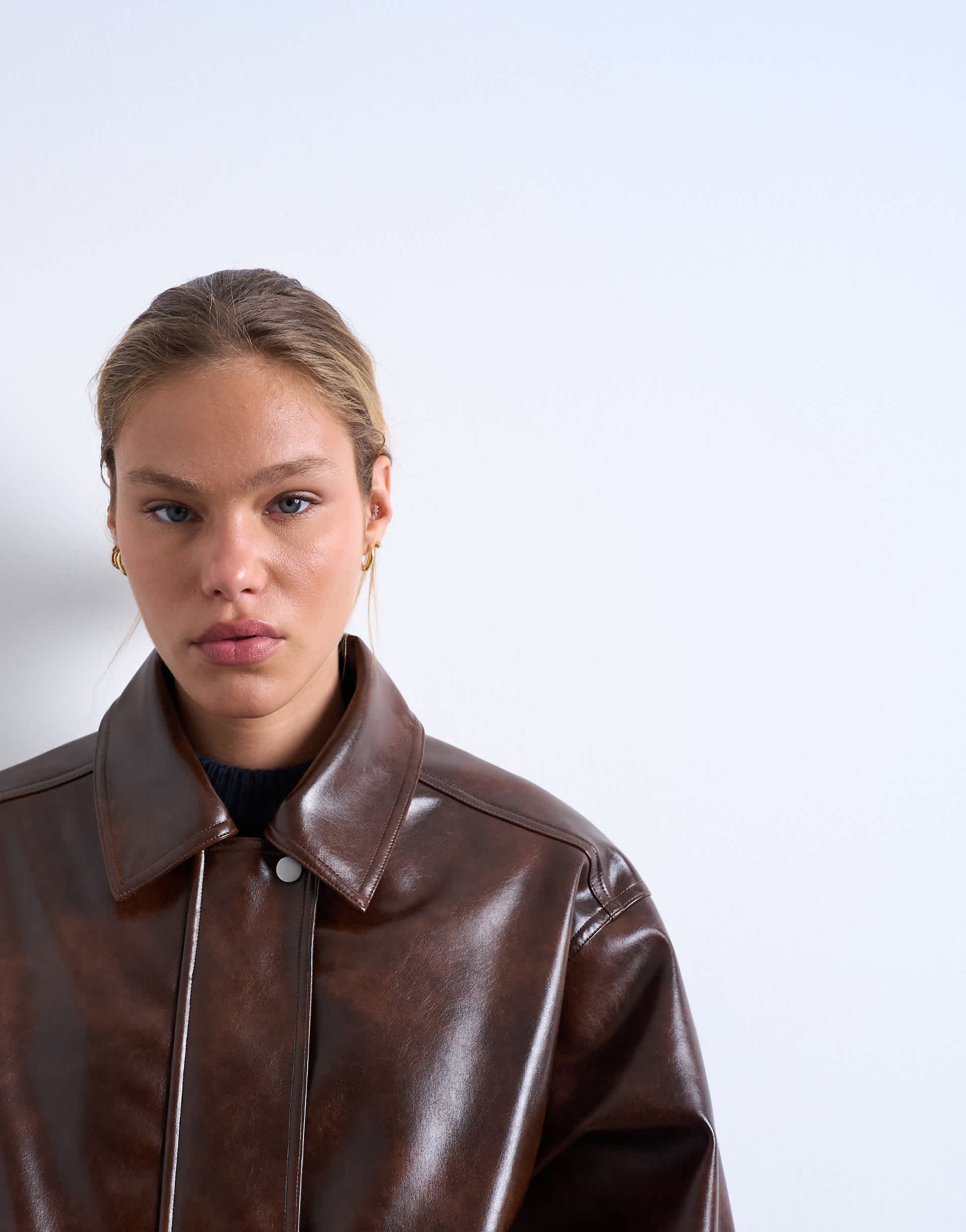 Topshop faux leather shiny mottled patch pocket shacket in brown