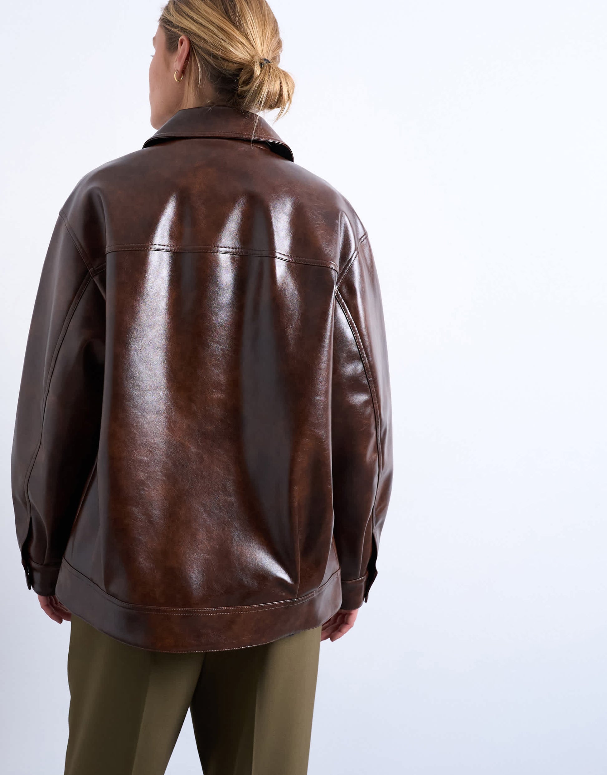 Topshop faux leather shiny mottled patch pocket shacket in brown