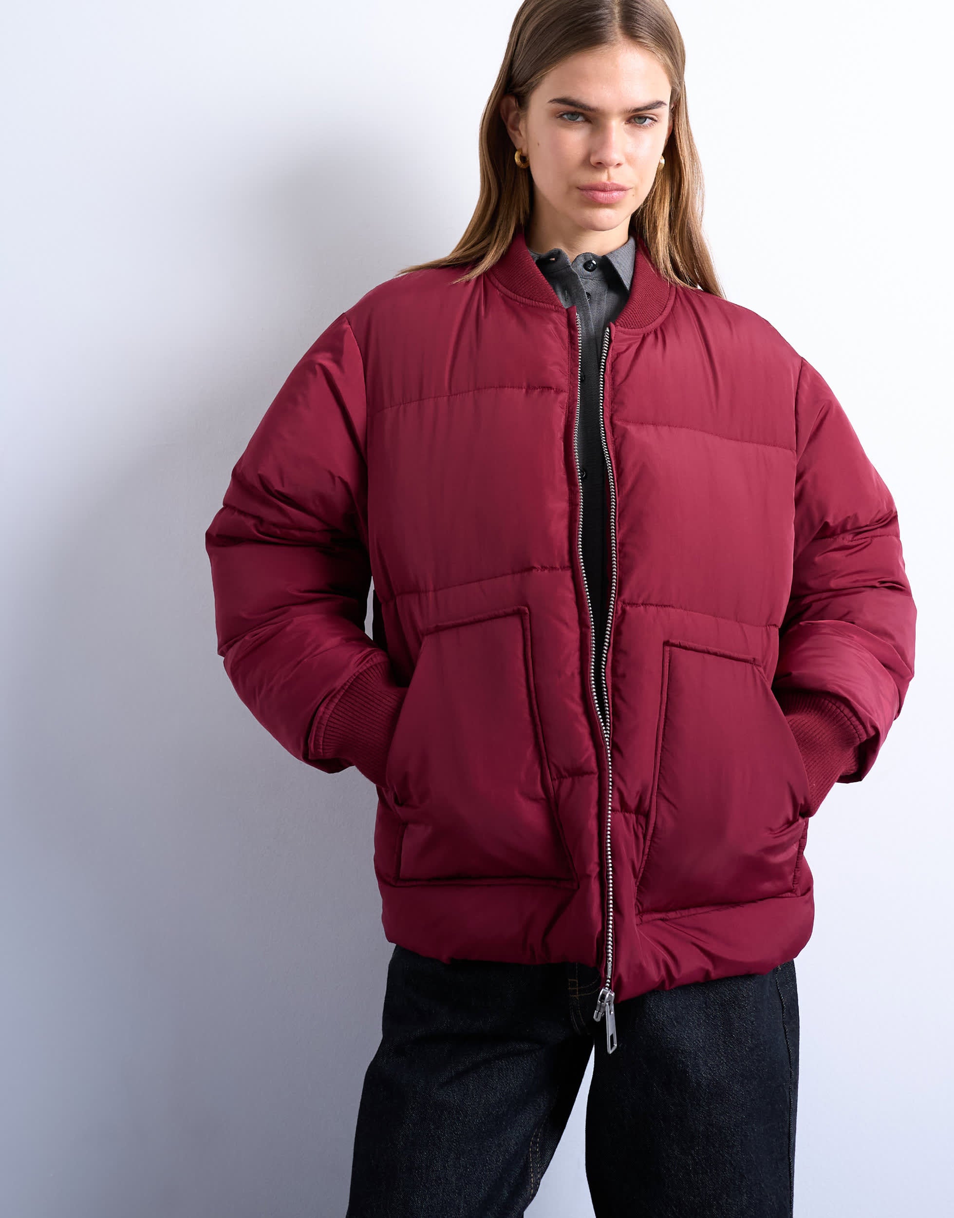 Topshop clean rib collar puffer jacket in burgundy