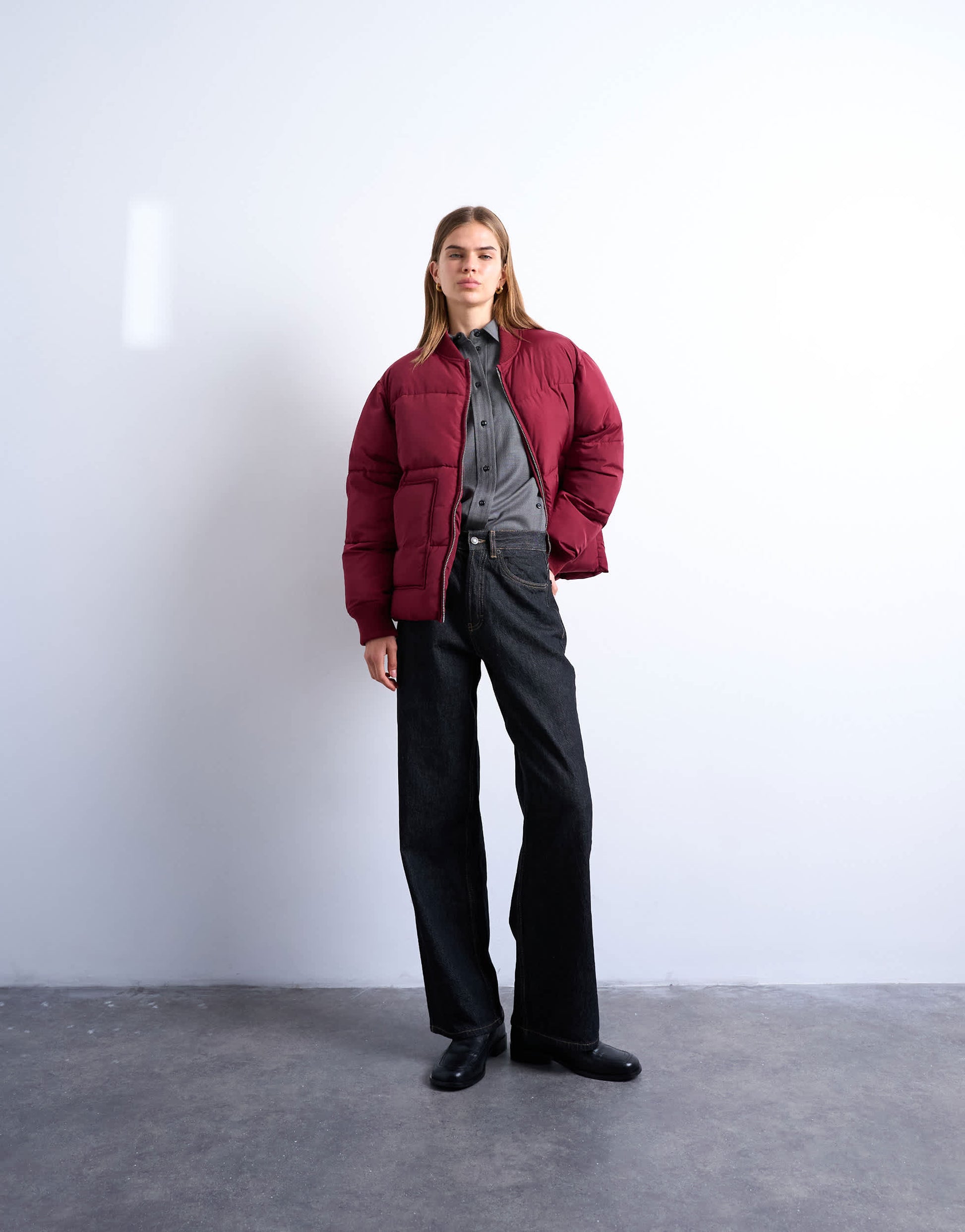Topshop clean rib collar puffer jacket in burgundy