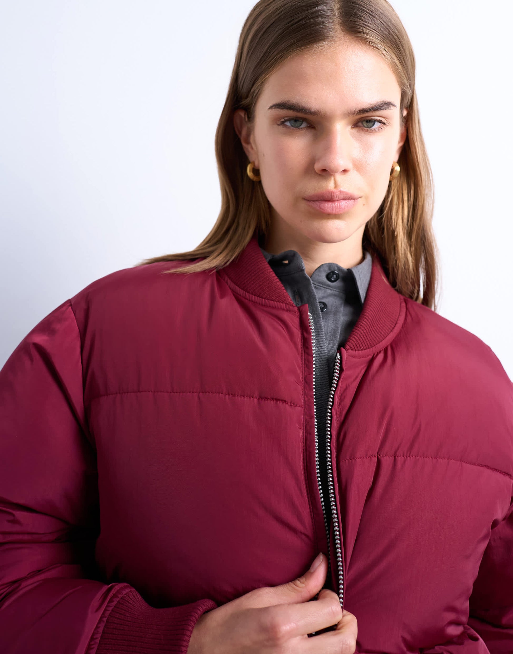 Topshop clean rib collar puffer jacket in burgundy