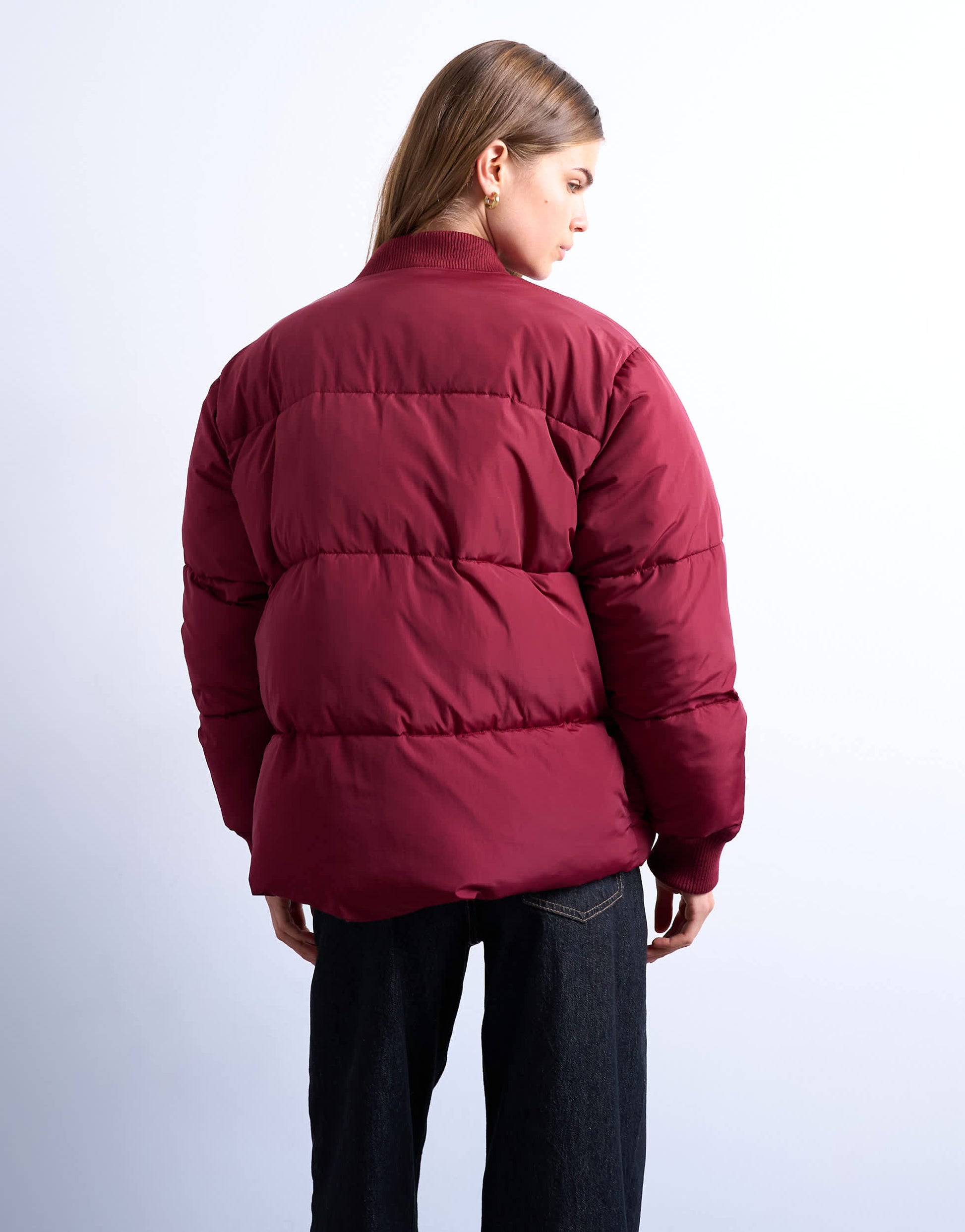 Topshop clean rib collar puffer jacket in burgundy