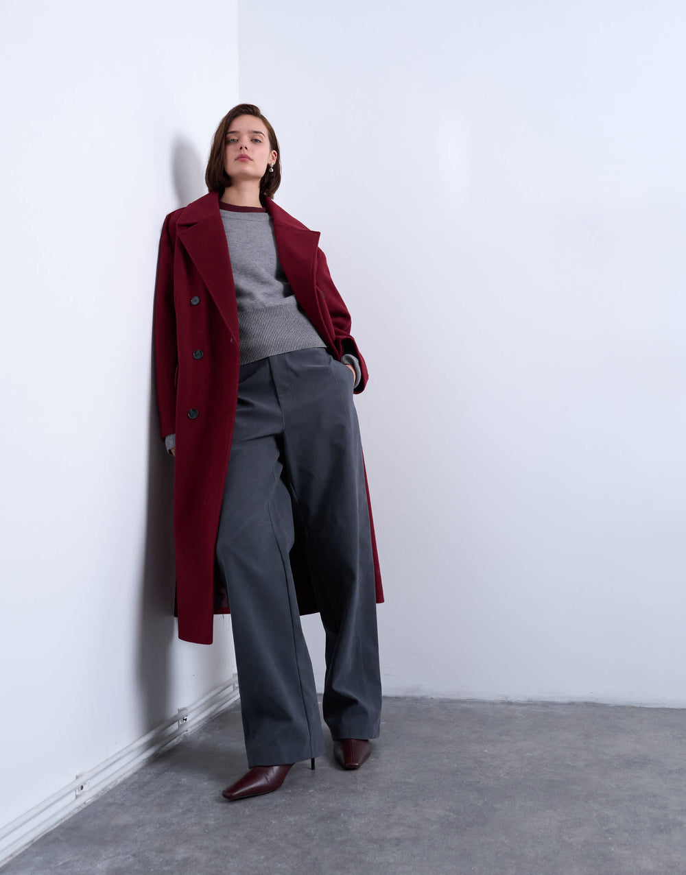 Langer, doppelreihiger Mantel von Topshop in Burgunderrot