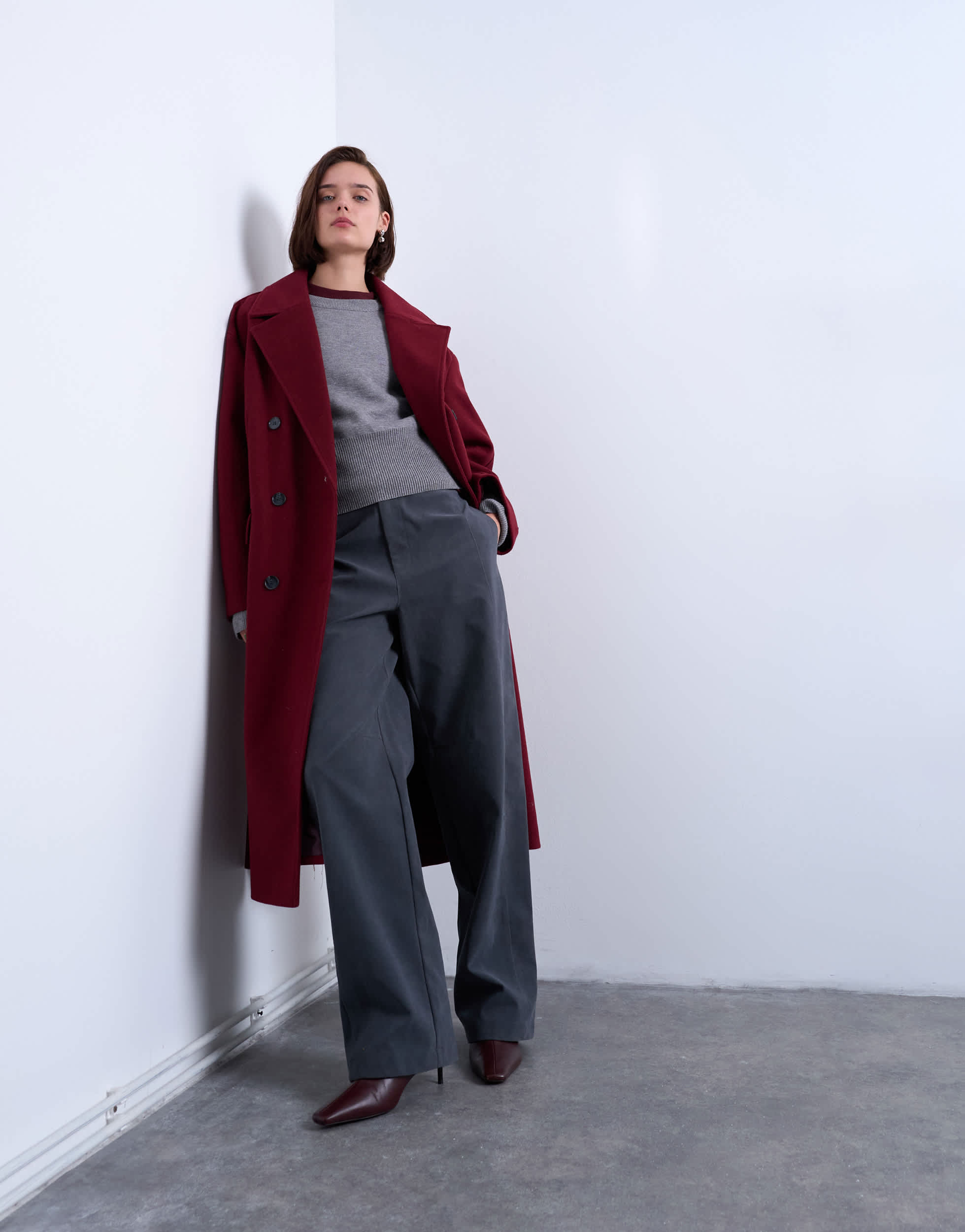 Topshop clean double breasted longline coat in burgundy