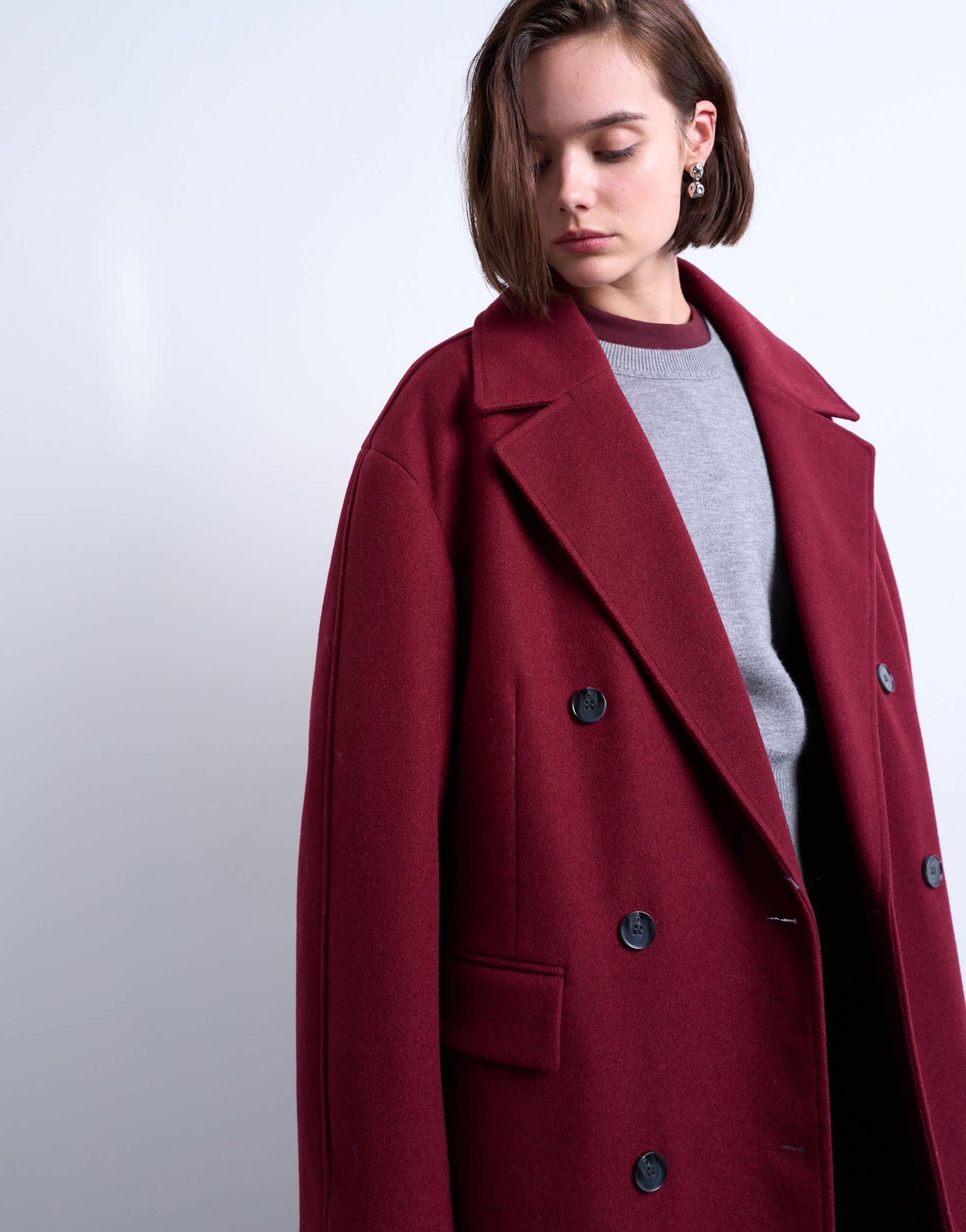 Topshop clean double breasted longline coat in burgundy