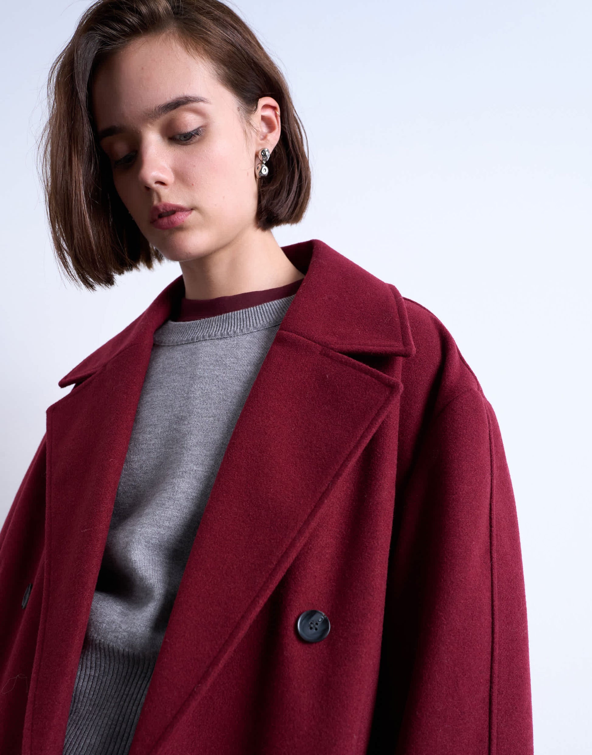 Topshop clean double breasted longline coat in burgundy