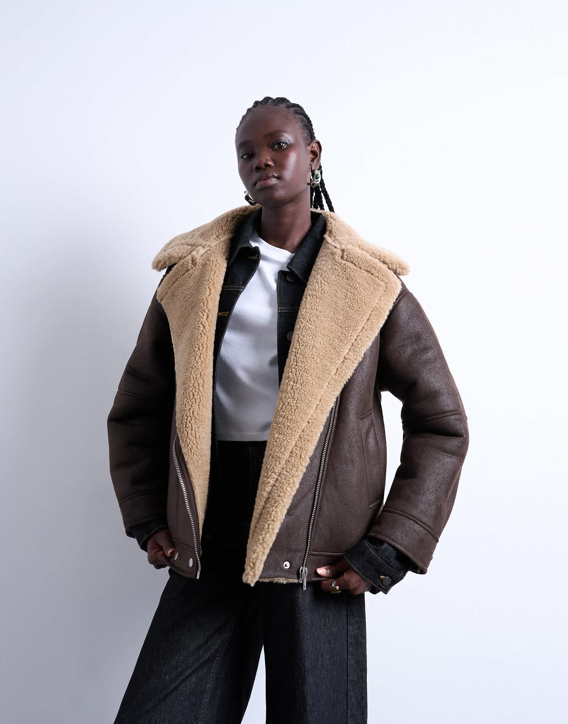 Topshop oversized funnel shearling aviator in chocolate