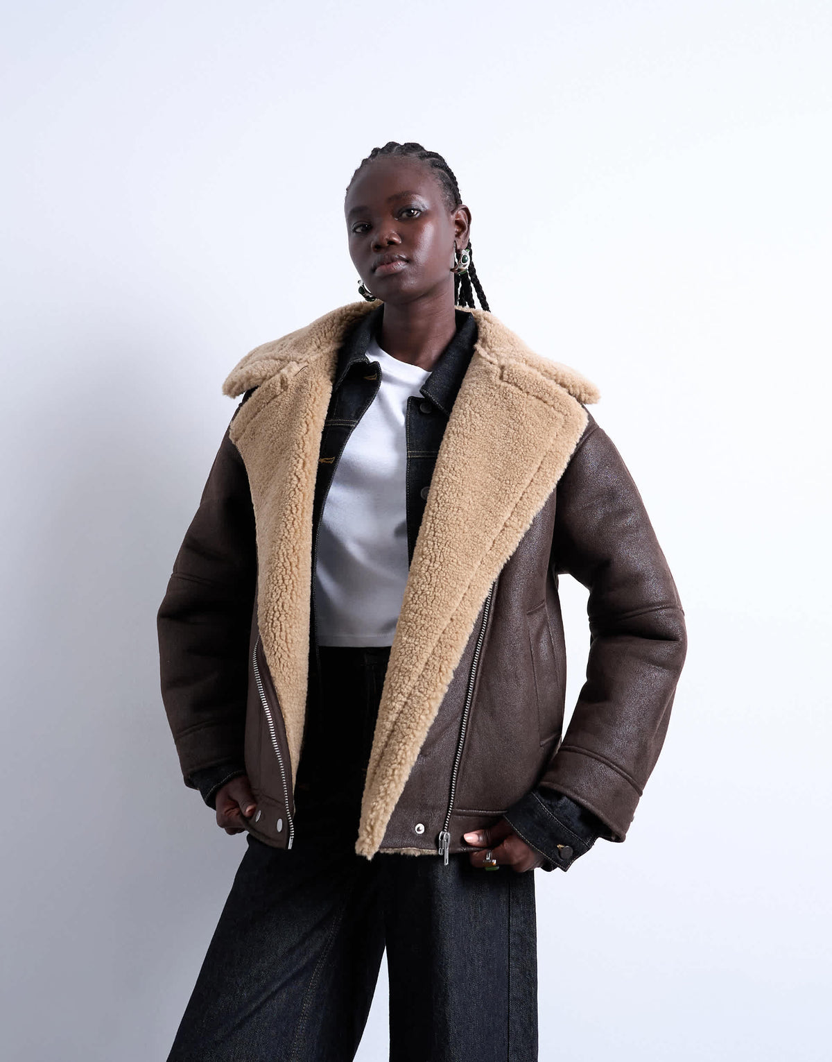 Topshop oversized funnel shearling aviator in chocolate