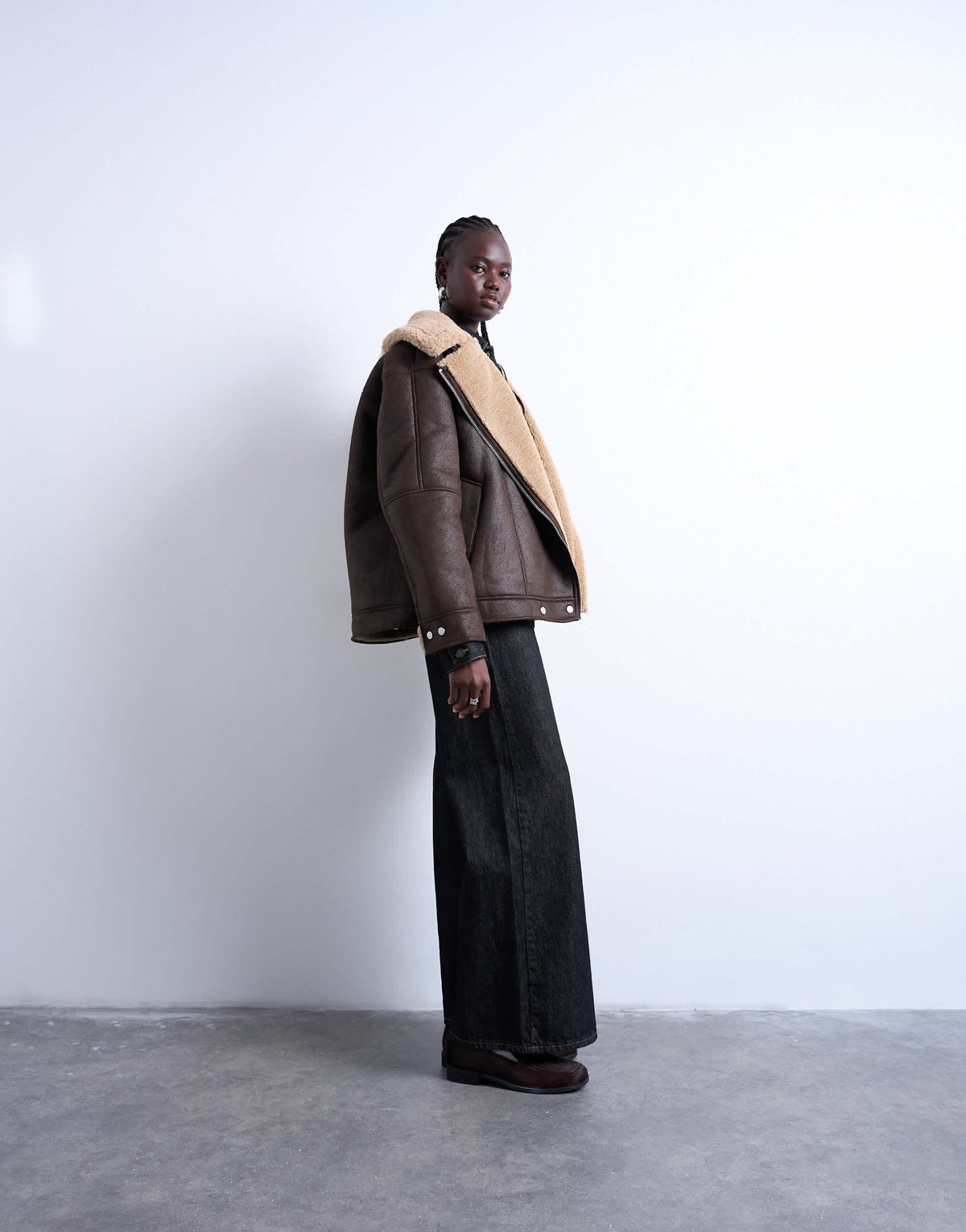 Topshop oversized funnel shearling aviator in chocolate