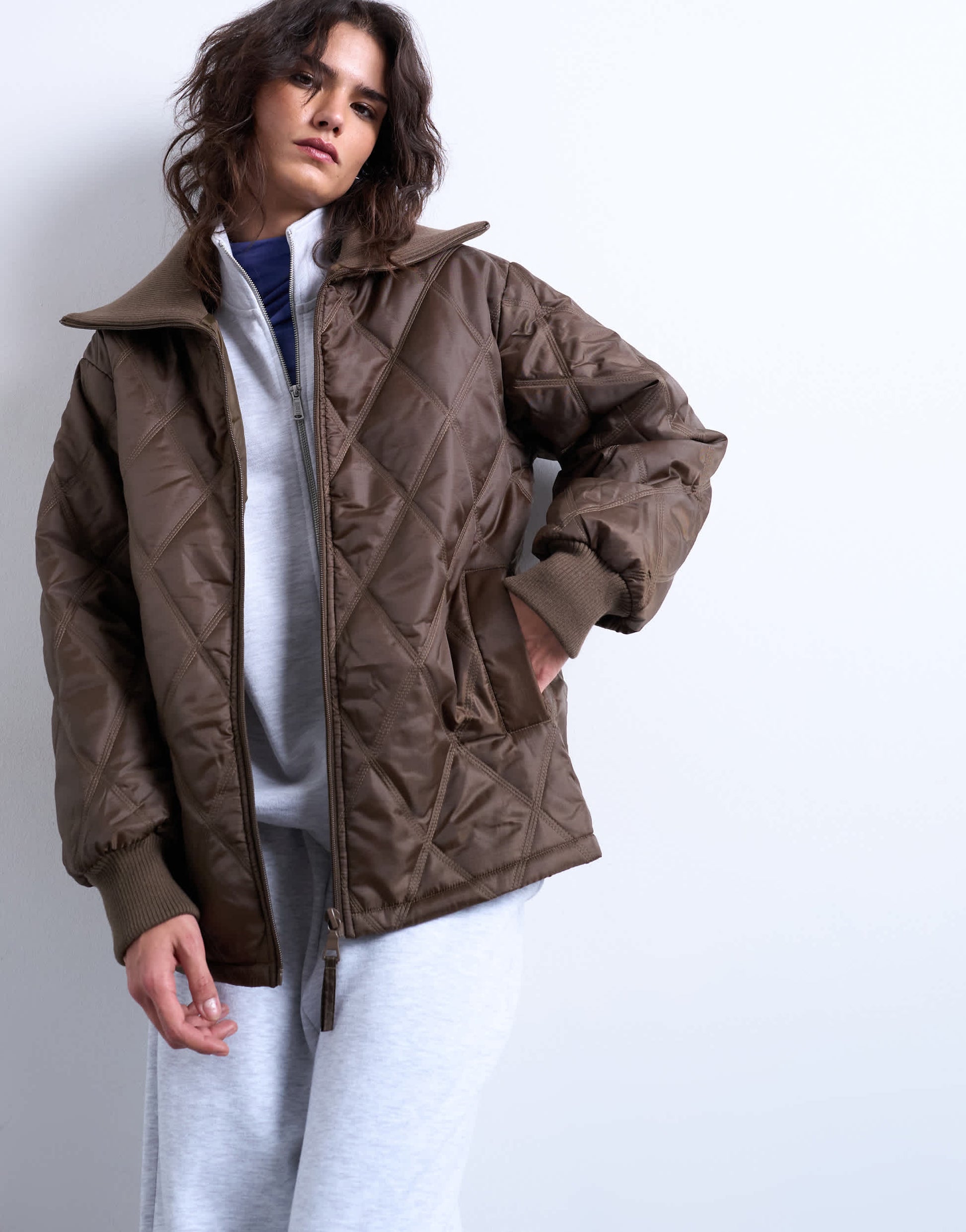 Topshop spread rib collar liner jacket in chocolate