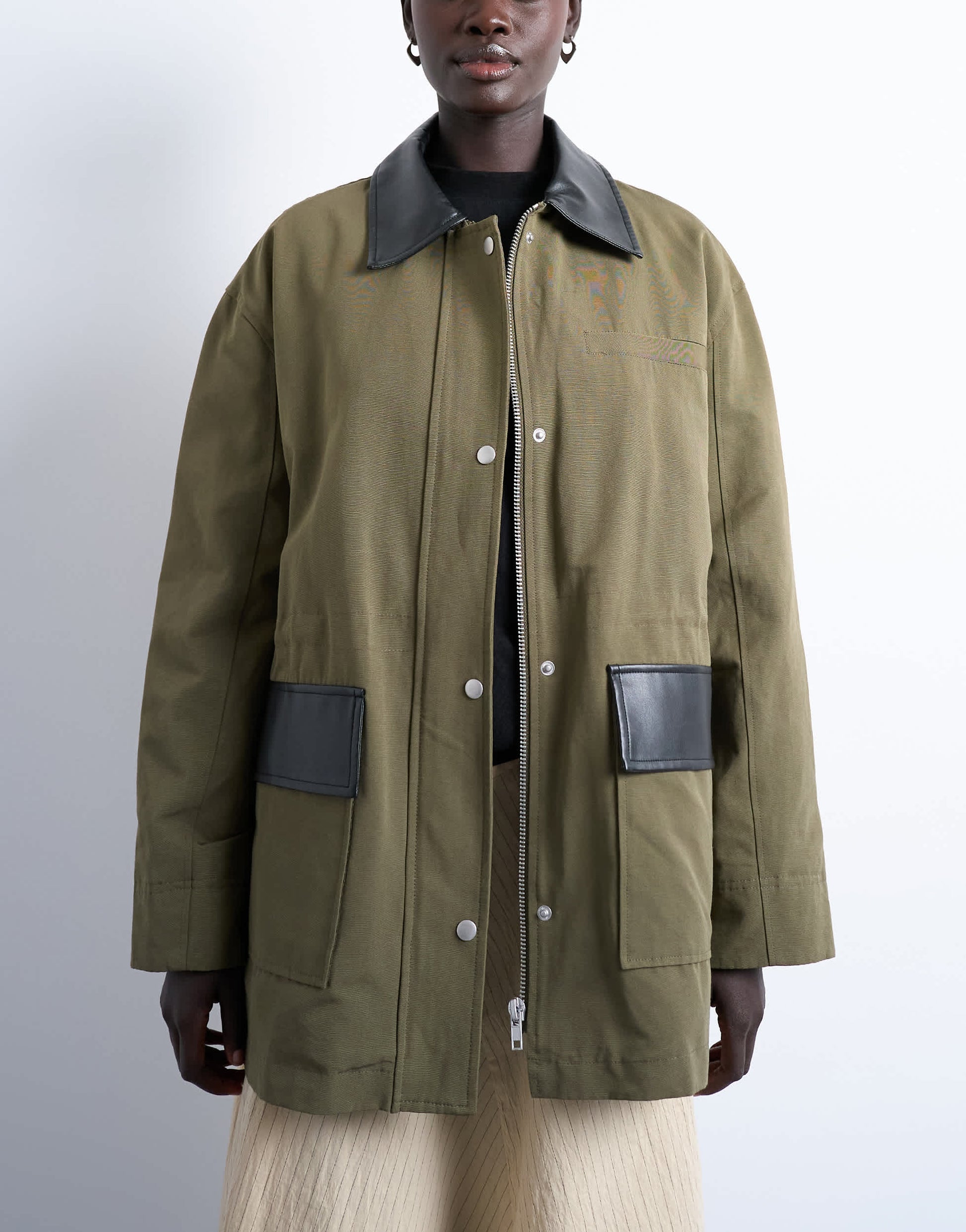 Topshop shacket with patch pocket in dark green