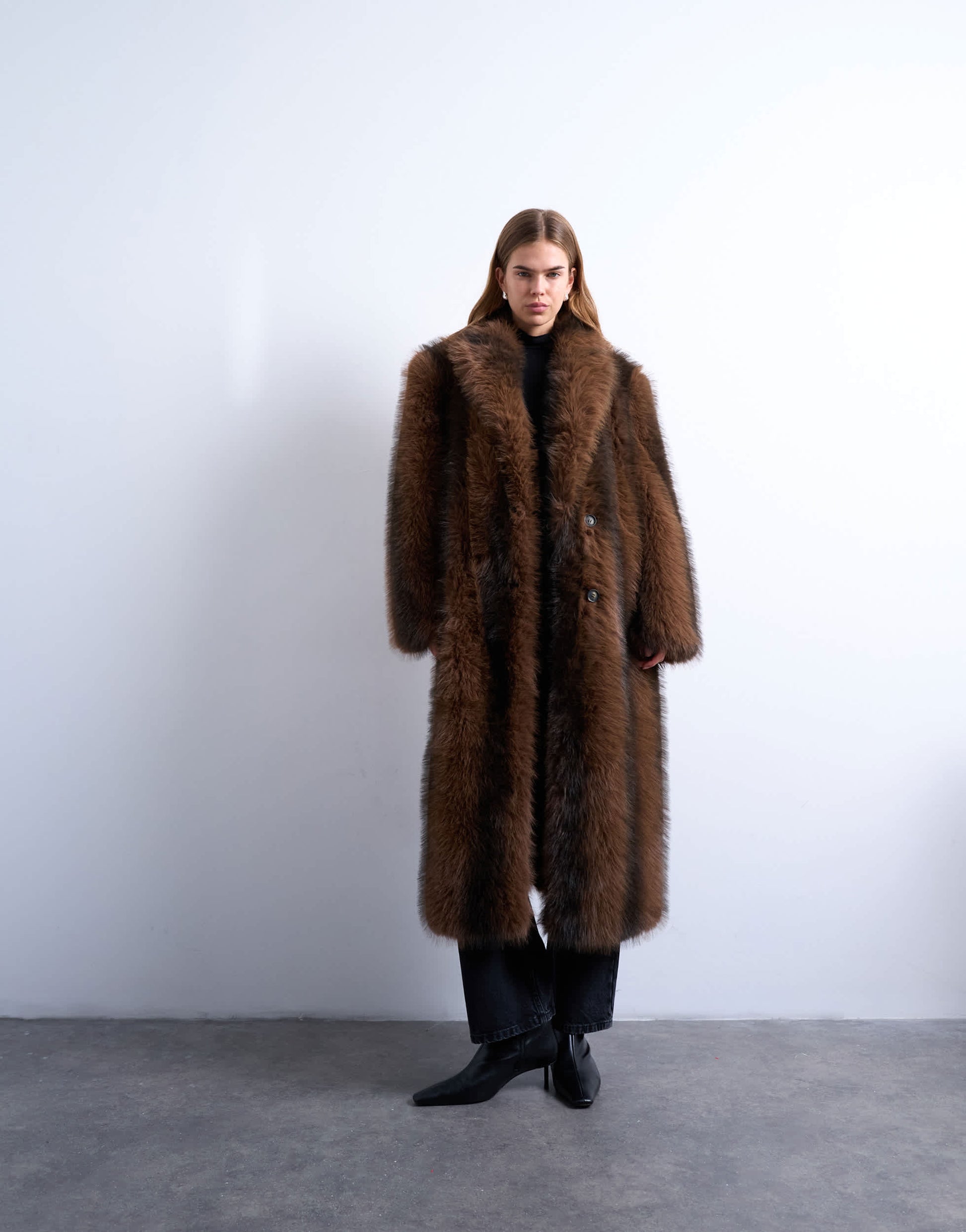 Topshop faux fur longline stripe coat in brown