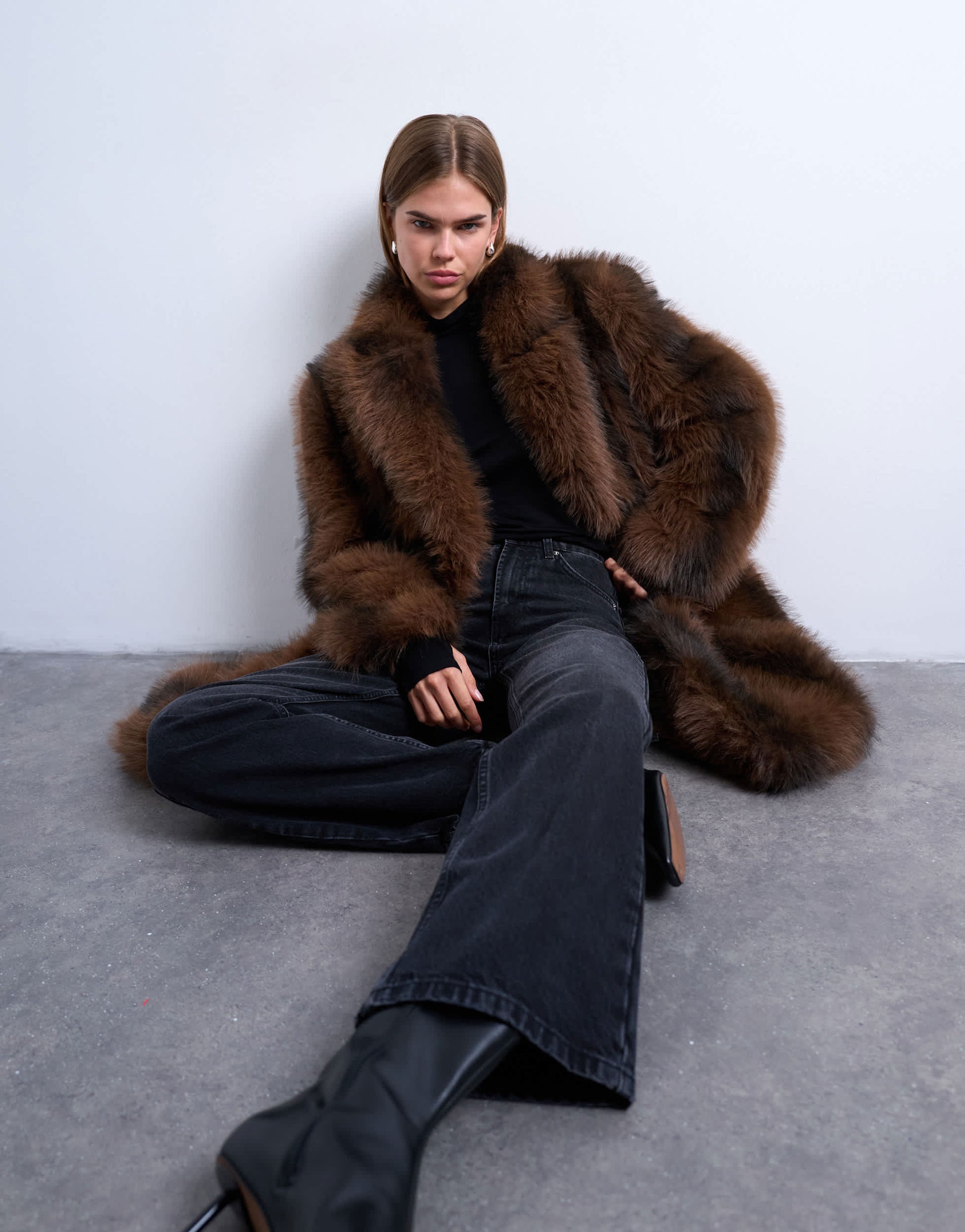 Topshop faux fur longline stripe coat in brown