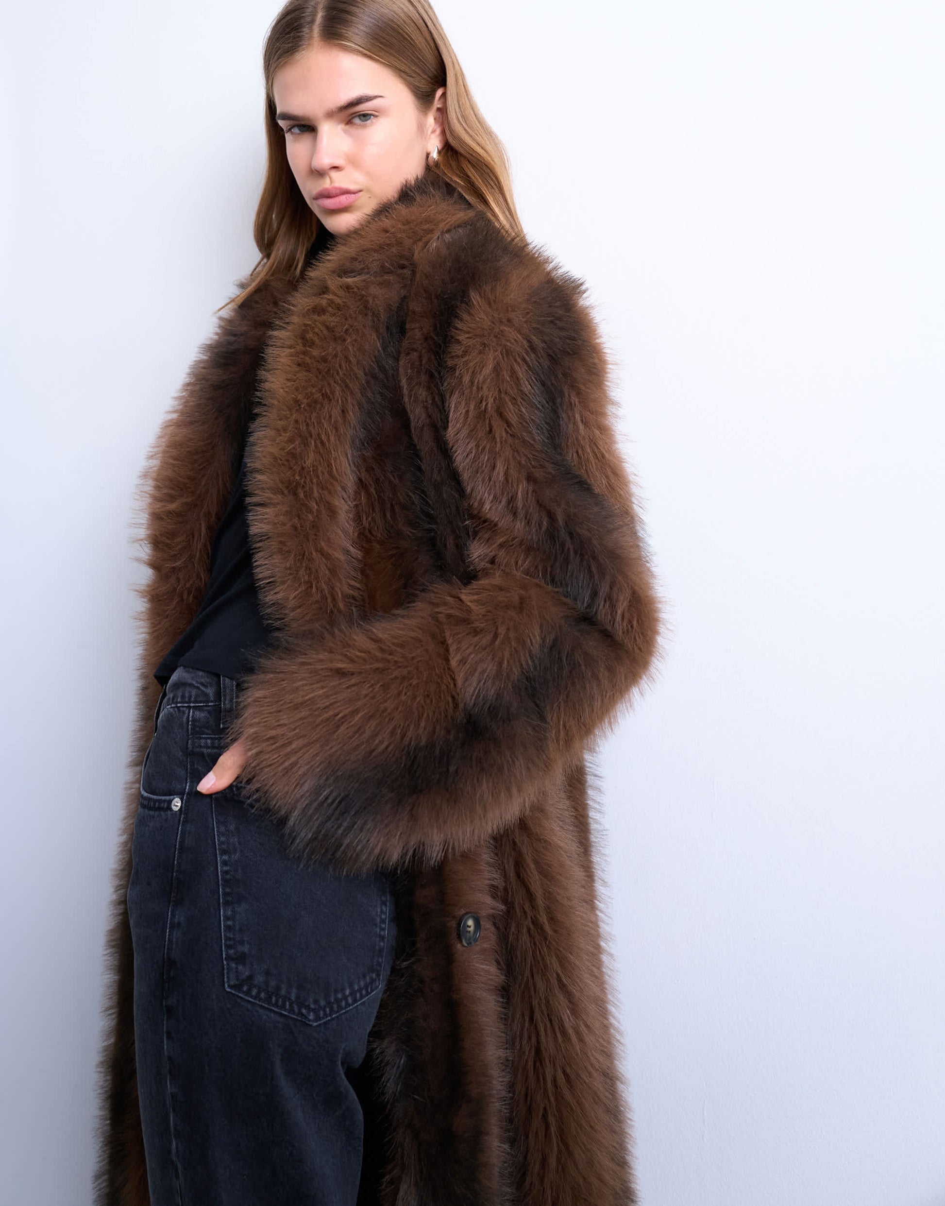 Topshop faux fur longline stripe coat in brown