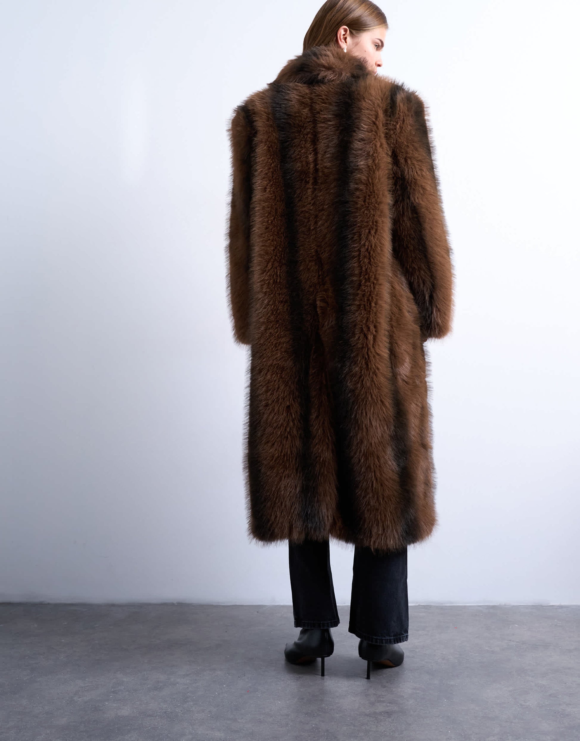Topshop faux fur longline stripe coat in brown