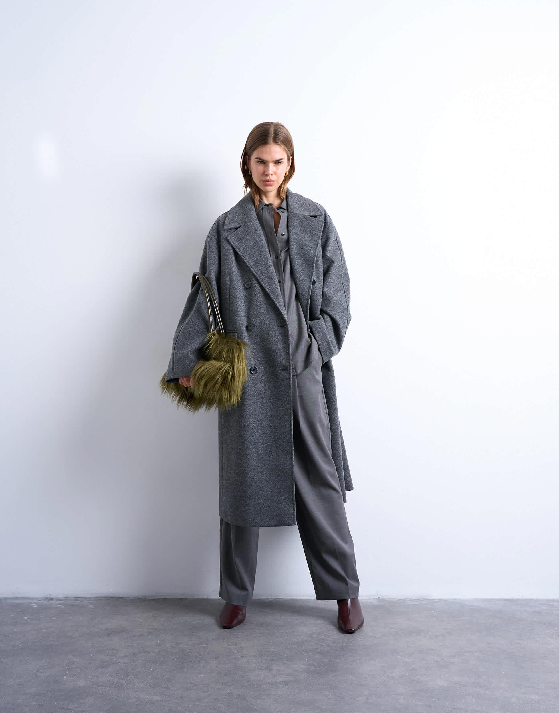 Topshop schlichter, doppelreihiger, langer Mantel in Anthrazit