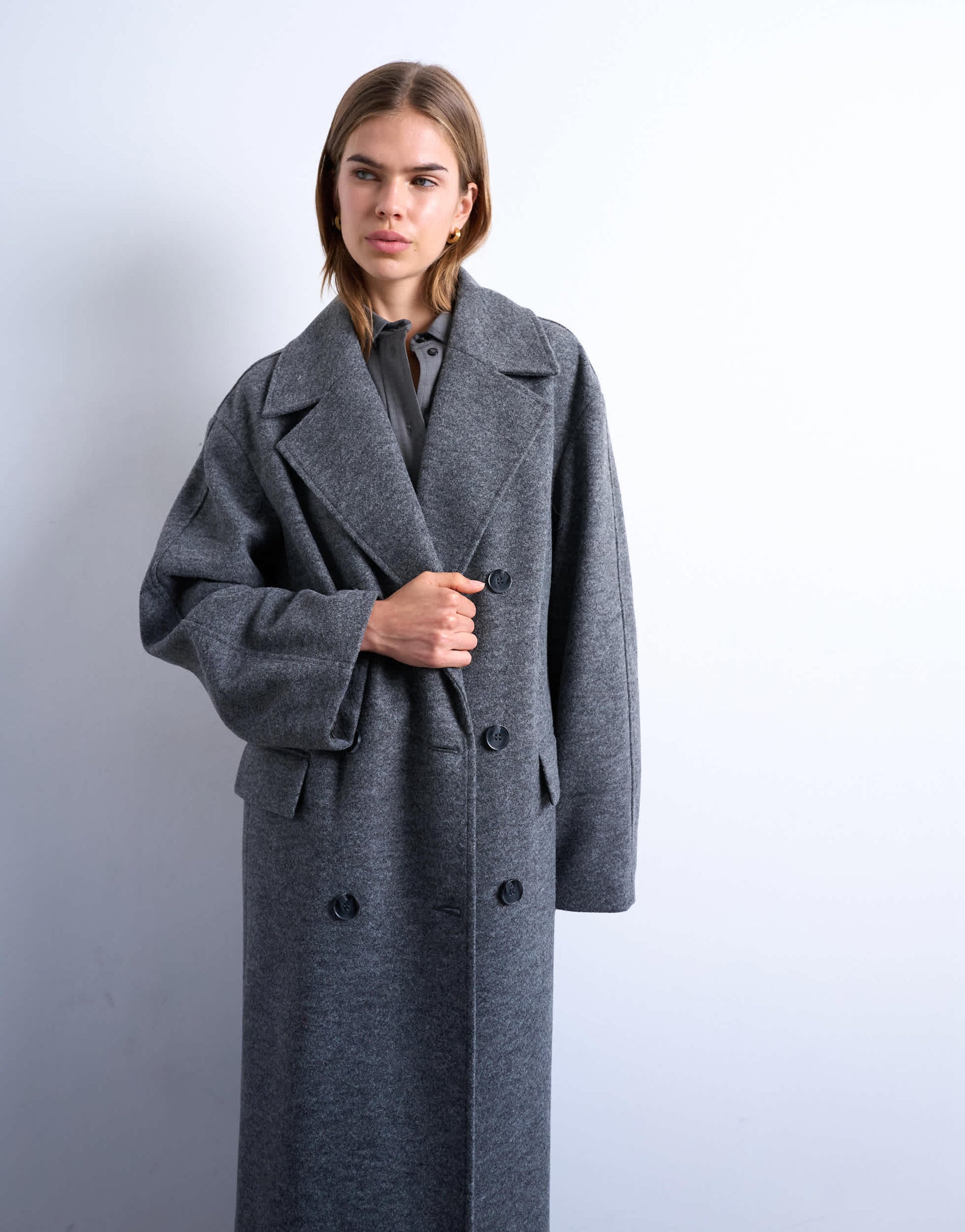 Topshop clean double breasted longline coat in charcoal