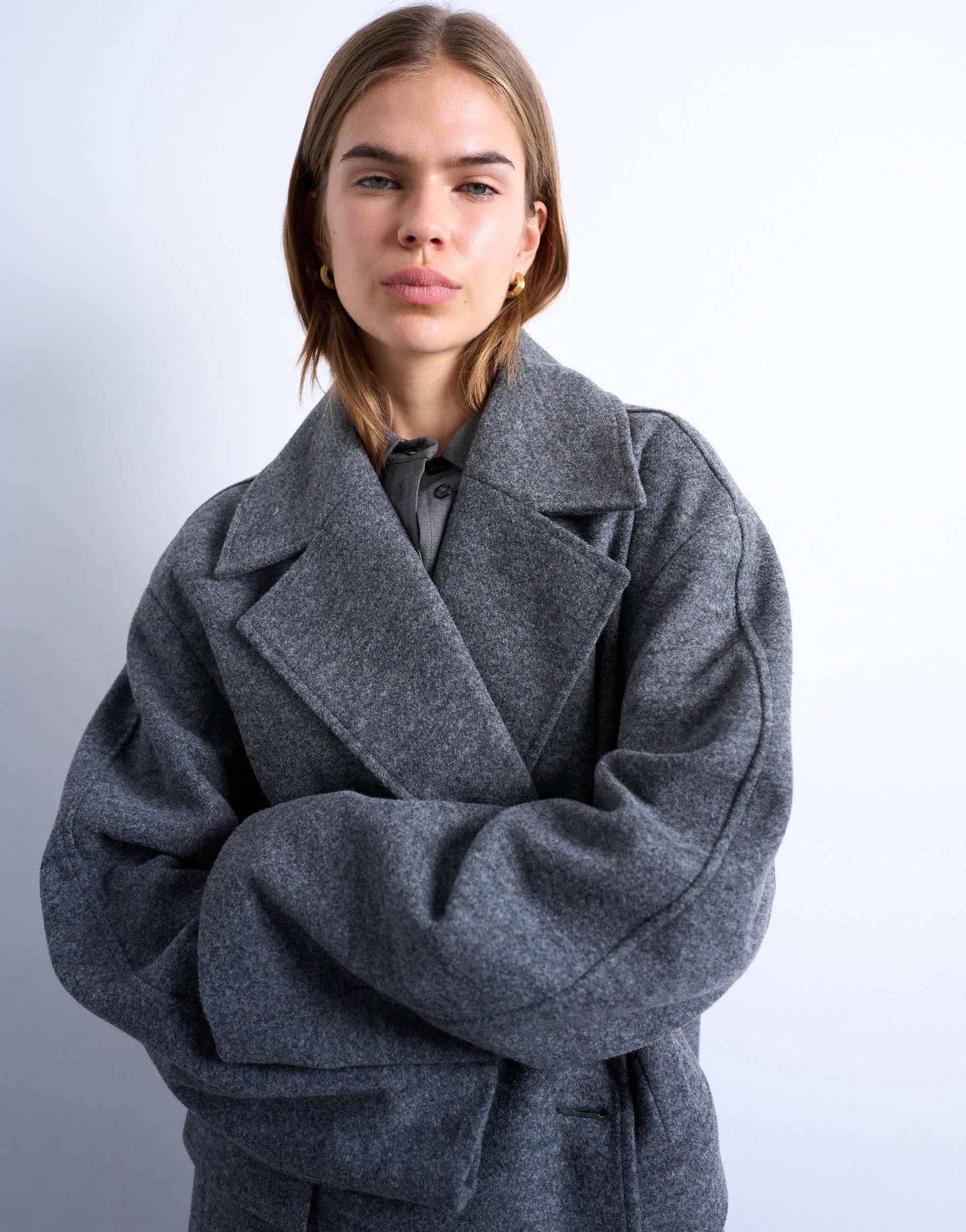 Topshop clean double breasted longline coat in charcoal