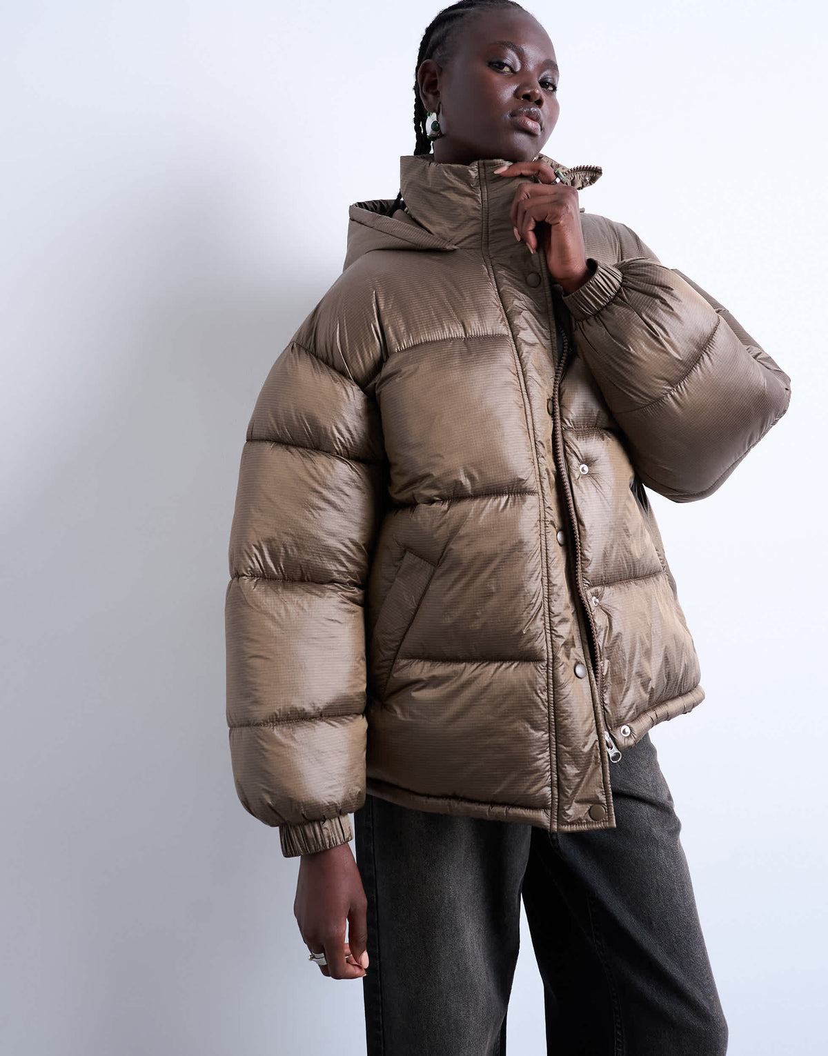 Topshop mid length funnel neck puffer jacket in brown