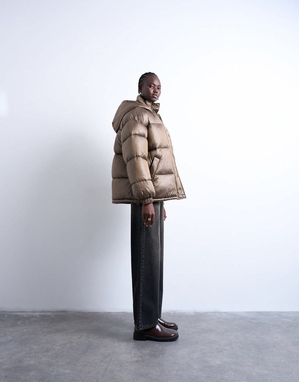 Topshop mid length funnel neck puffer jacket in brown