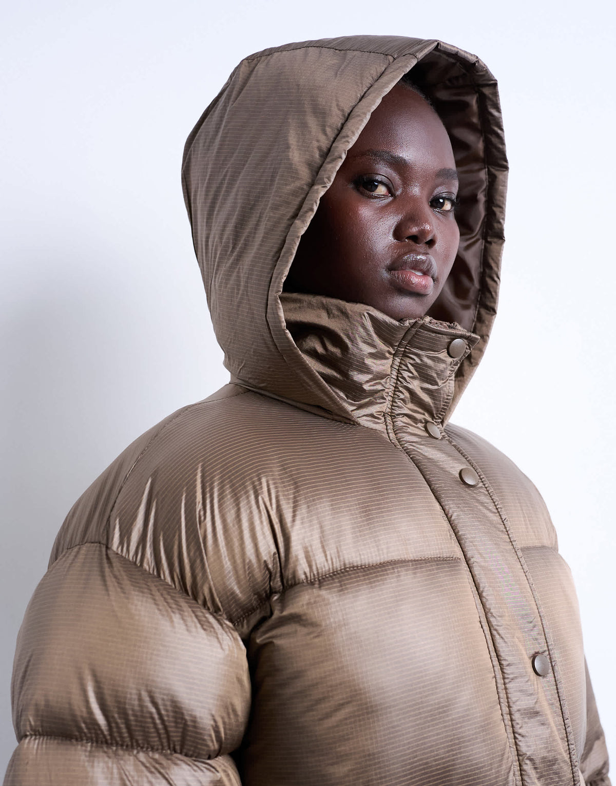 Topshop mid length funnel neck puffer jacket in brown