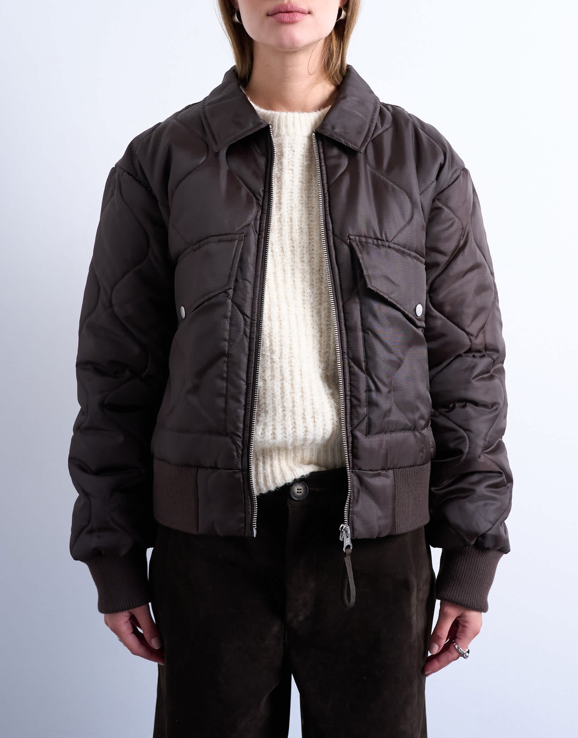Topshop collared liner cropped bomber jacket in chocolate