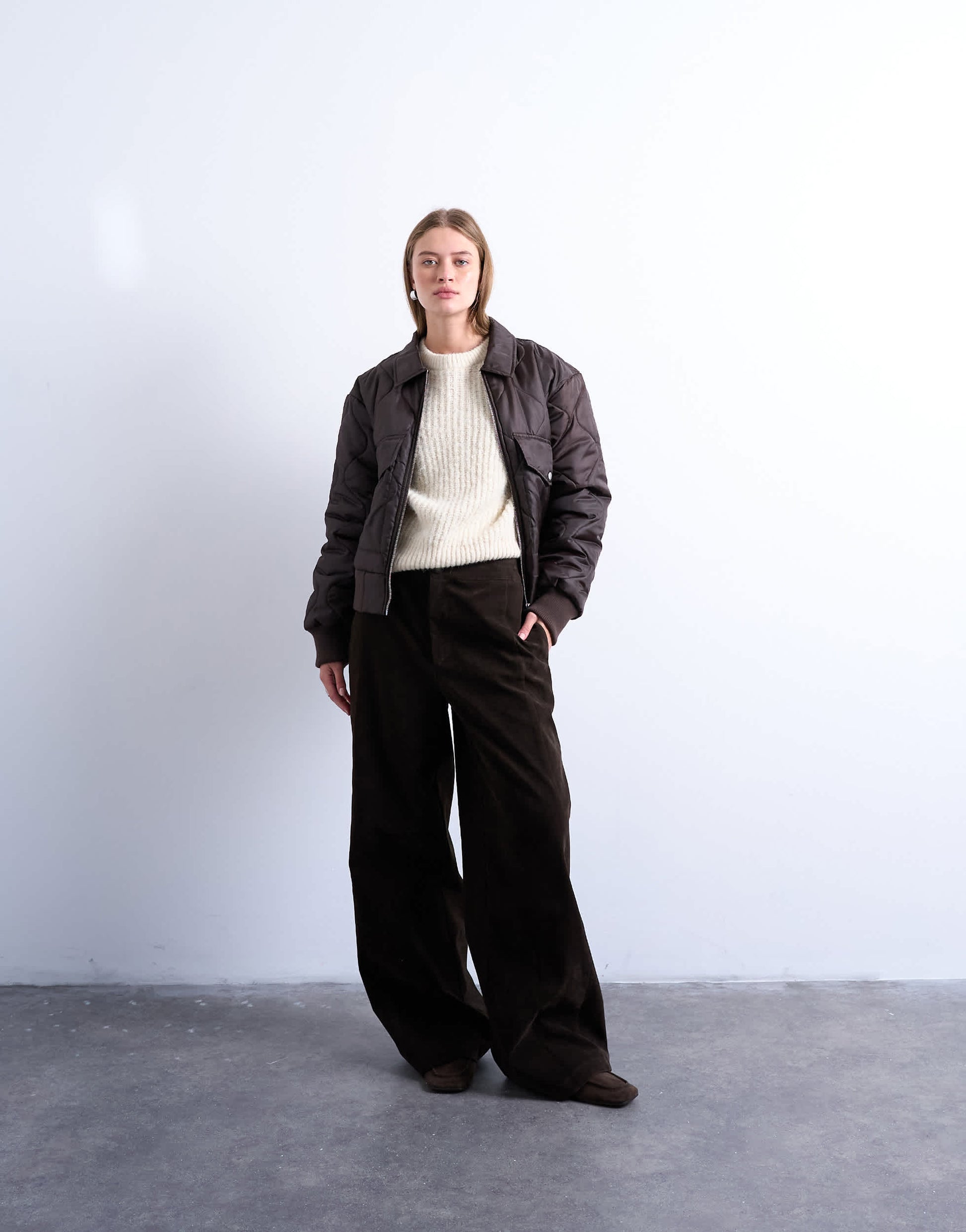 Topshop collared liner cropped bomber jacket in chocolate