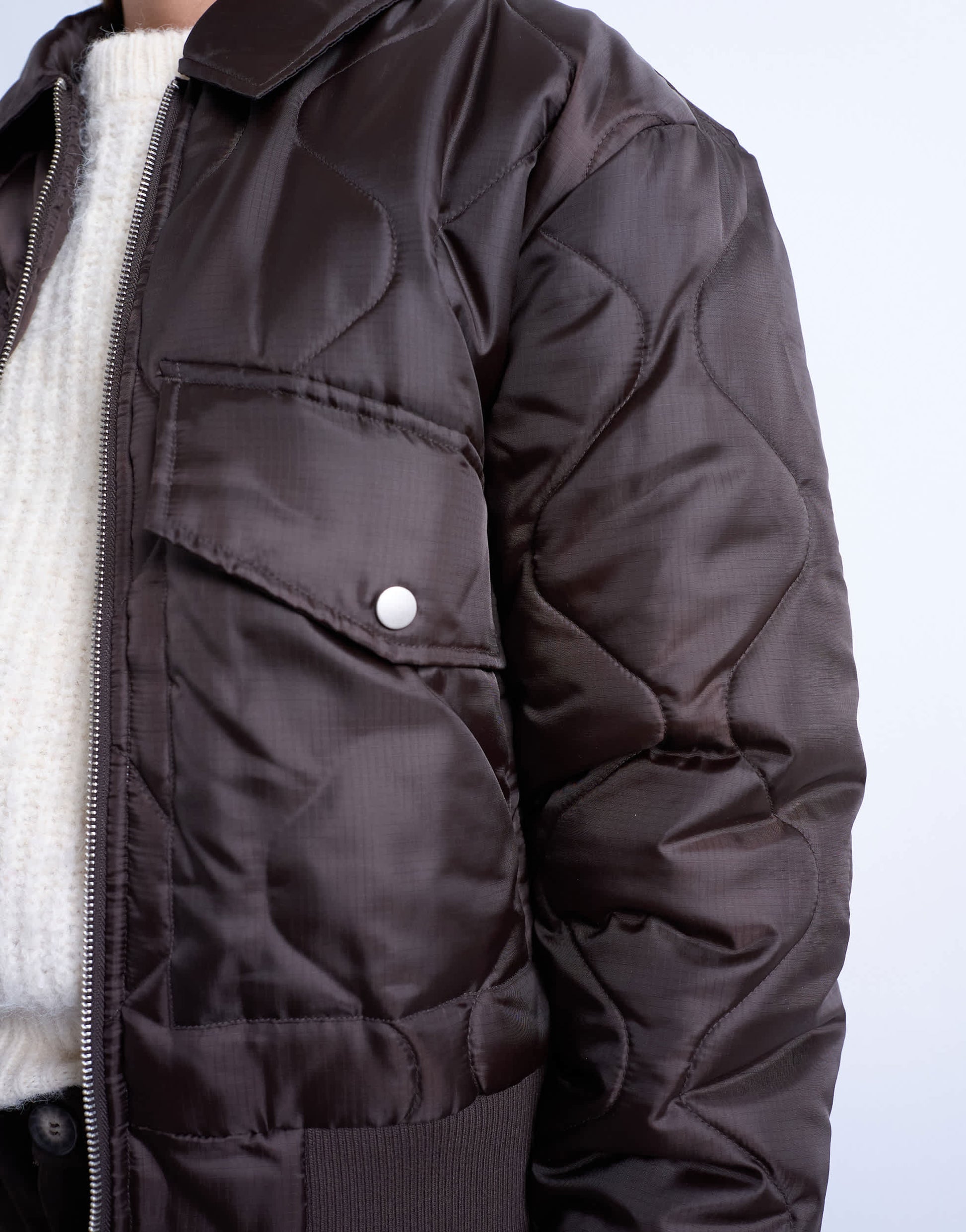 Topshop collared liner cropped bomber jacket in chocolate
