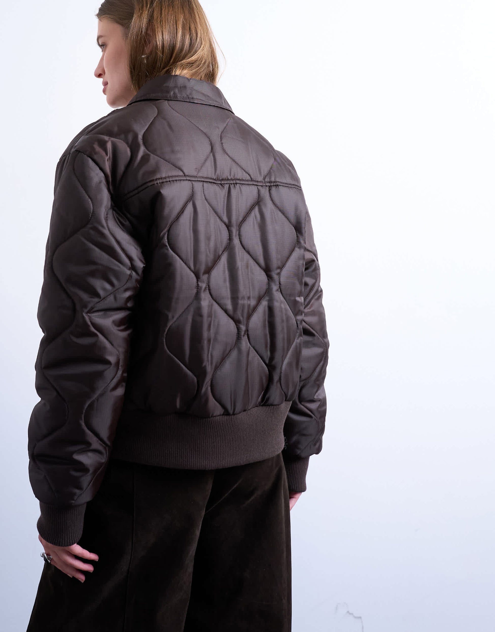 Topshop collared liner cropped bomber jacket in chocolate
