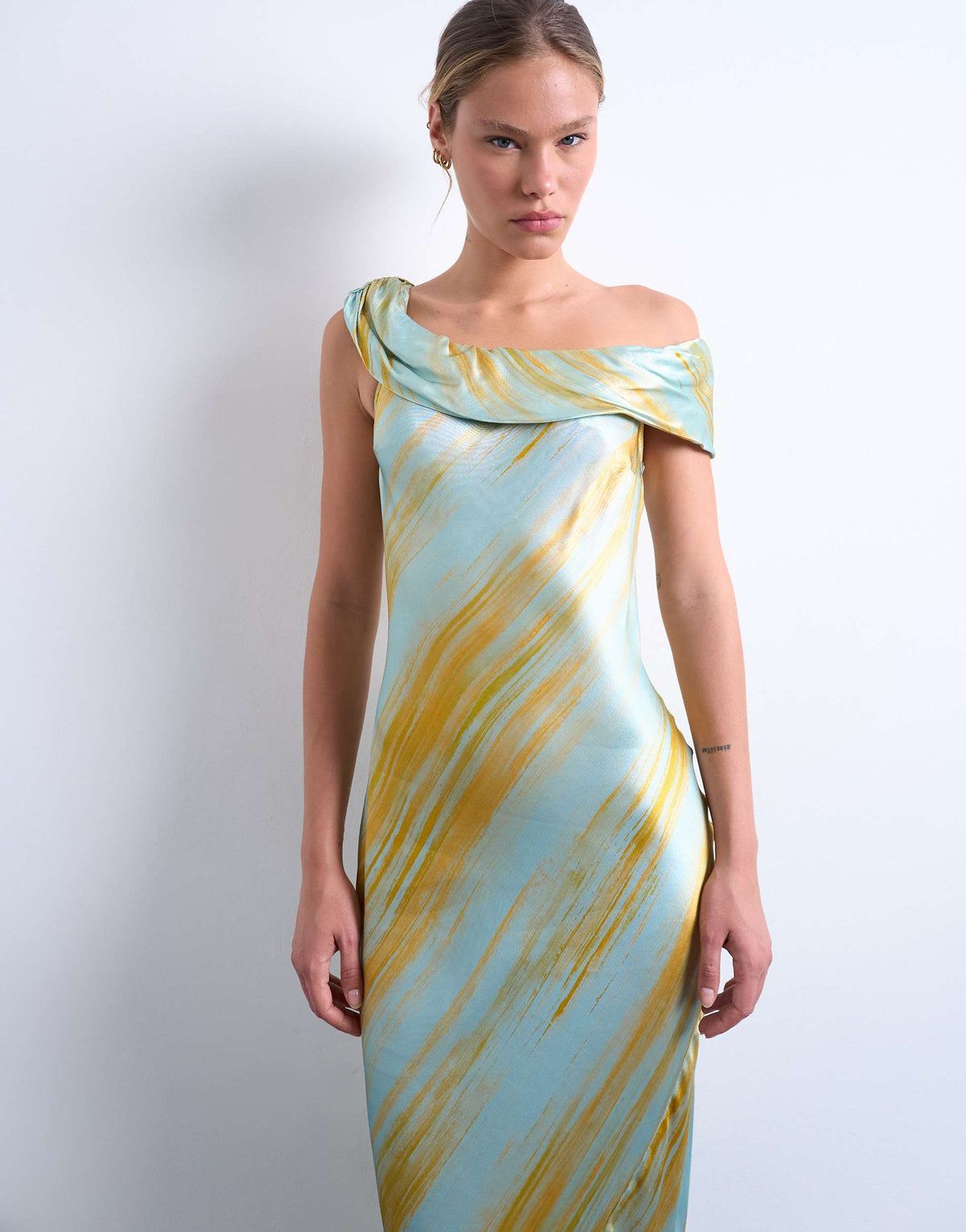 Topshop drape shoulder maxi occasion dress in blurred rust print
