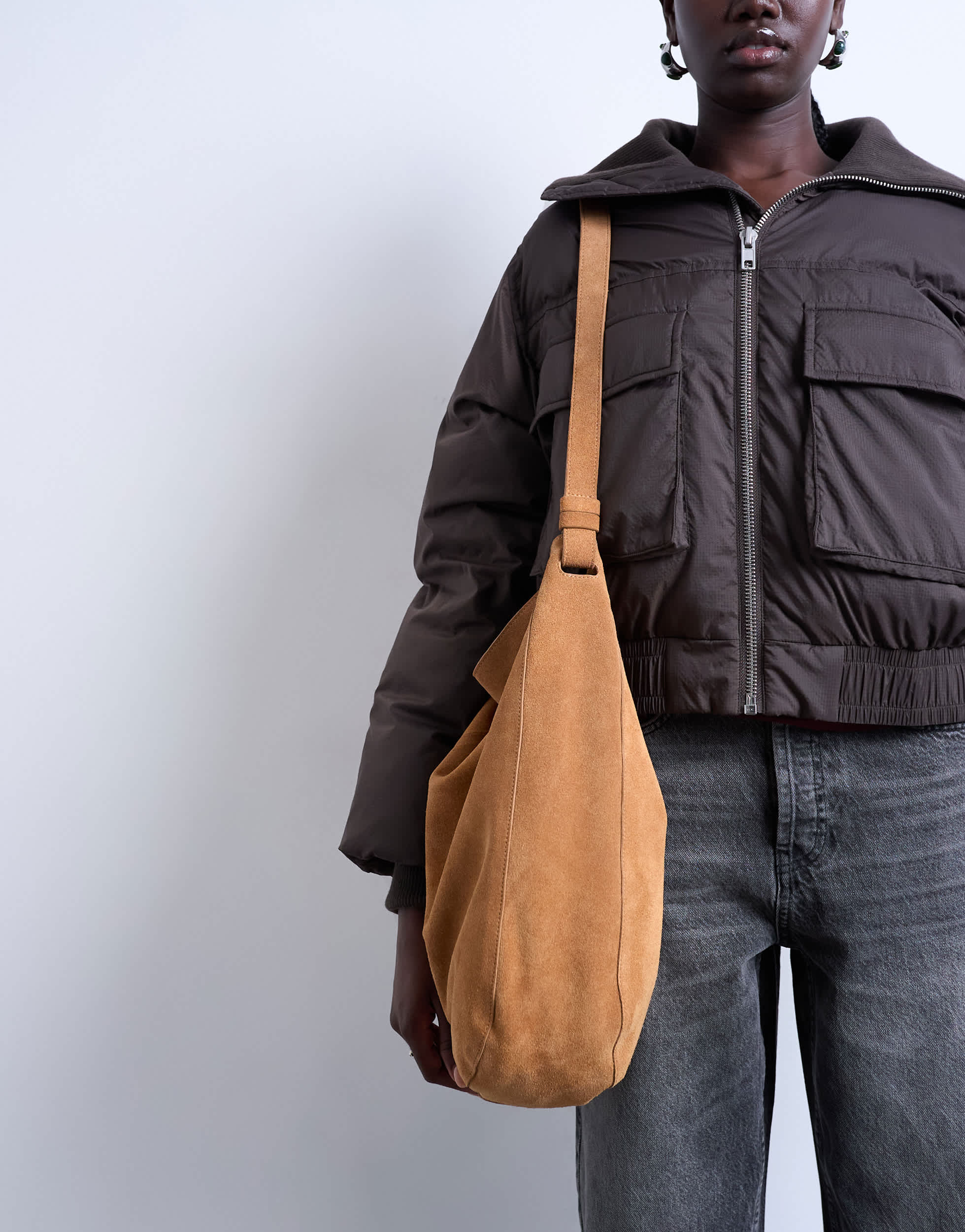 Sac bandoulière Topshop Siobhan en cuir suédé véritable couleur camel