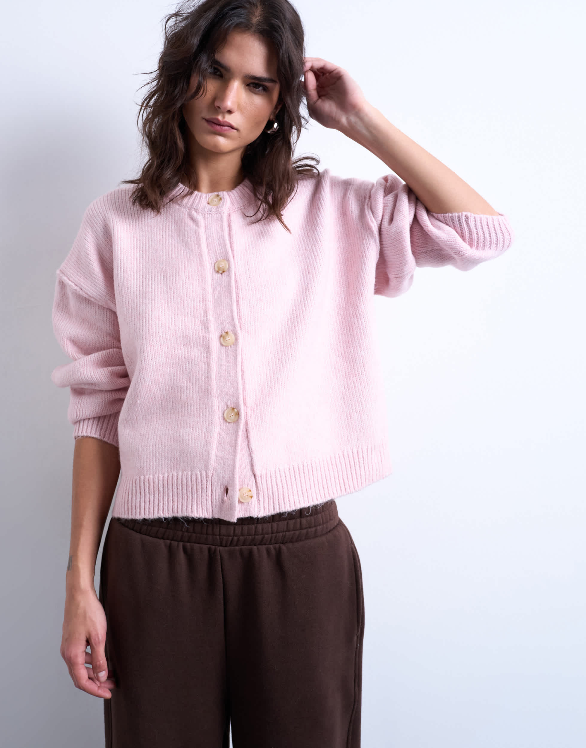 Topshop knitted exposed seam relaxed cardigan in pink