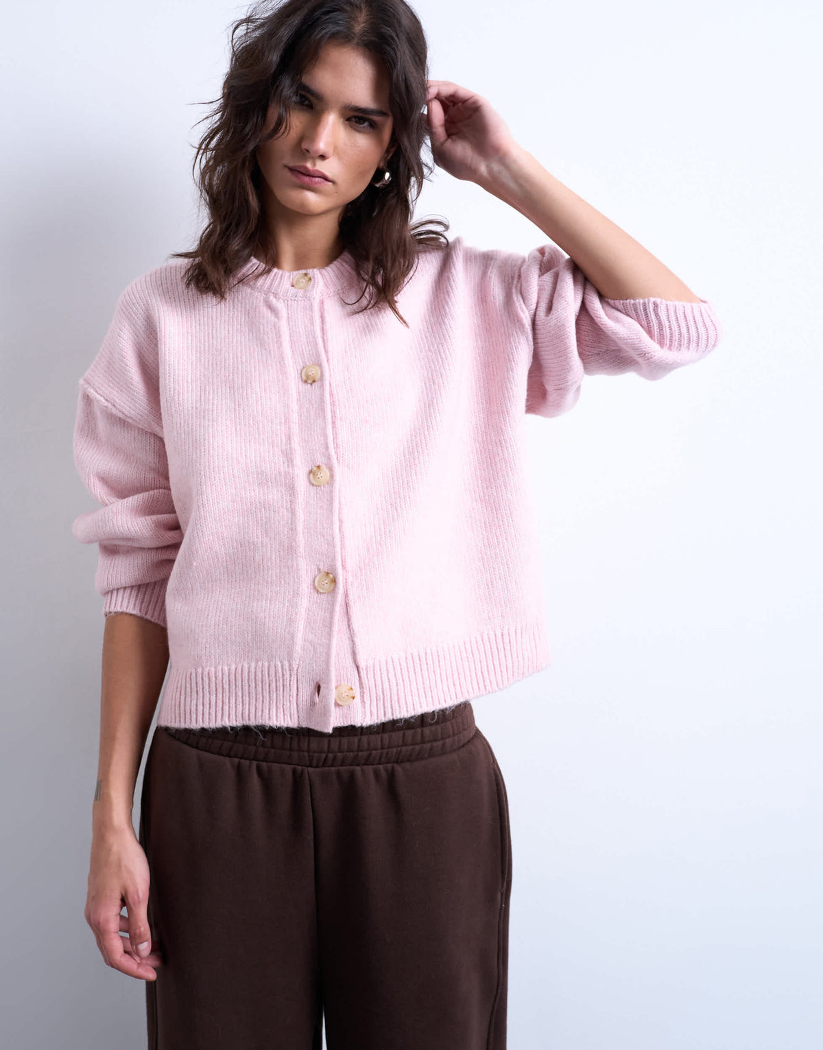 Topshop knitted exposed seam relaxed cardigan in pink