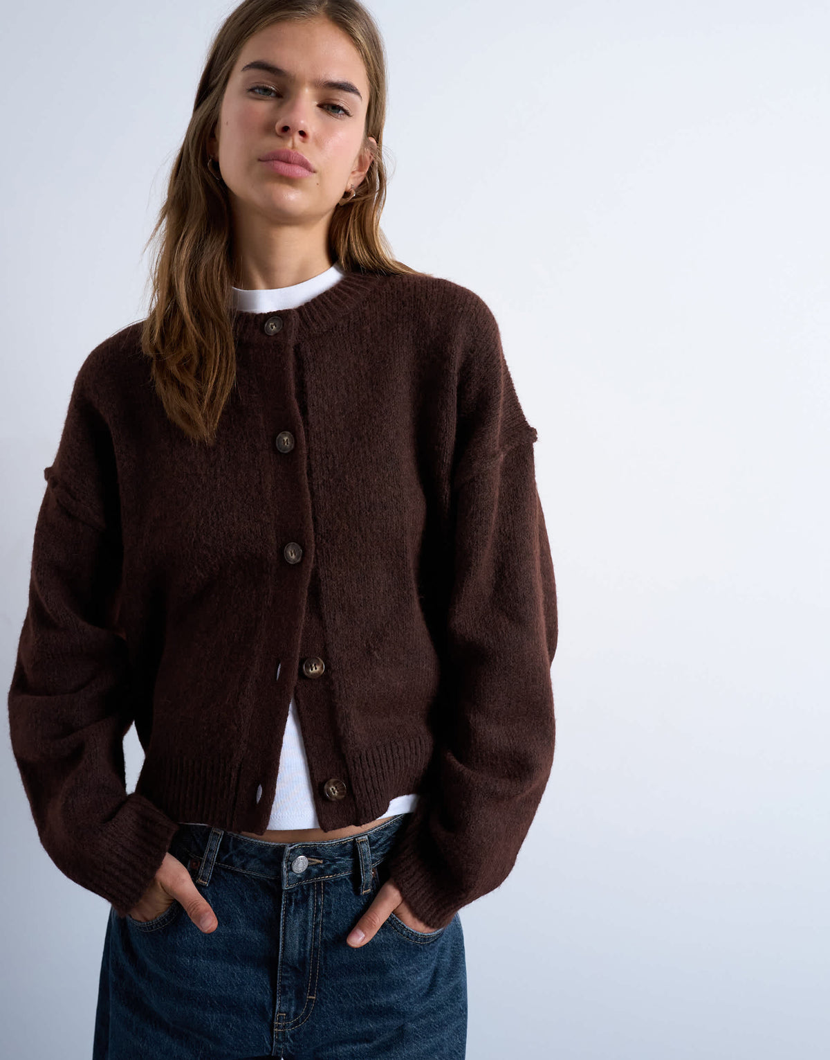 Topshop knitted exposed seam relaxed cardigan in brown